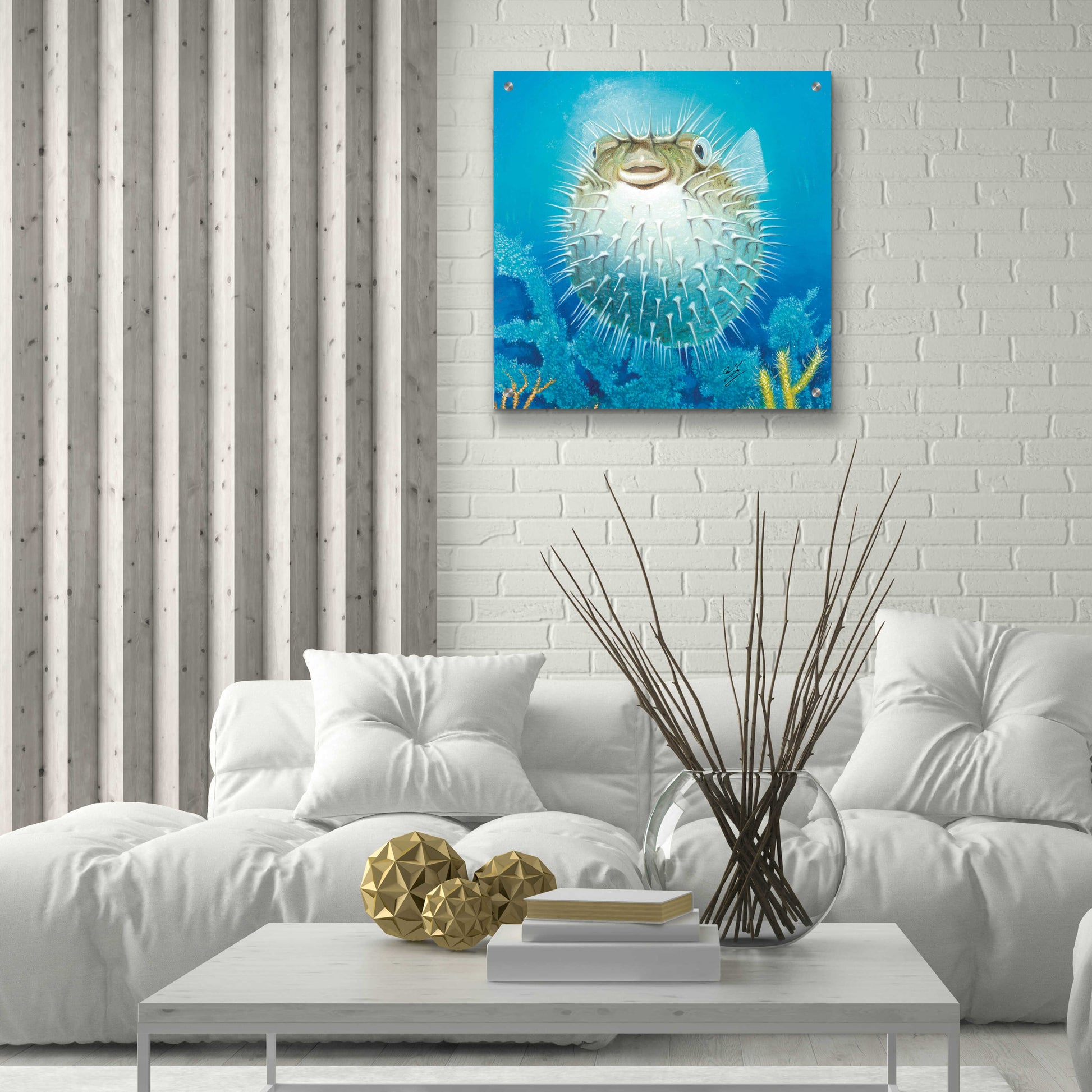 Epic Art 'Puffer Fish' by Durwood Coffey, Acrylic Glass Wall Art,24x24