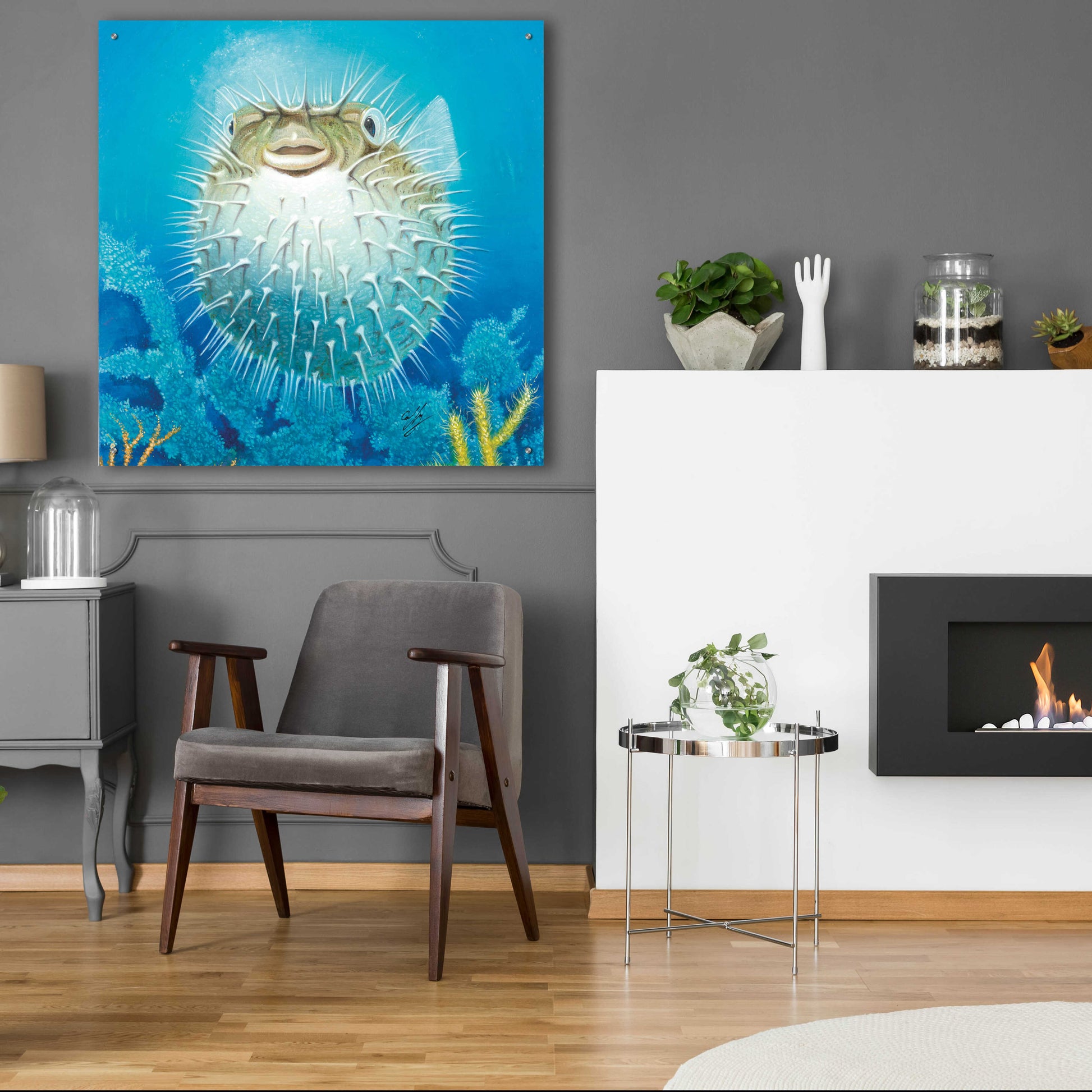 Epic Art 'Puffer Fish' by Durwood Coffey, Acrylic Glass Wall Art,36x36