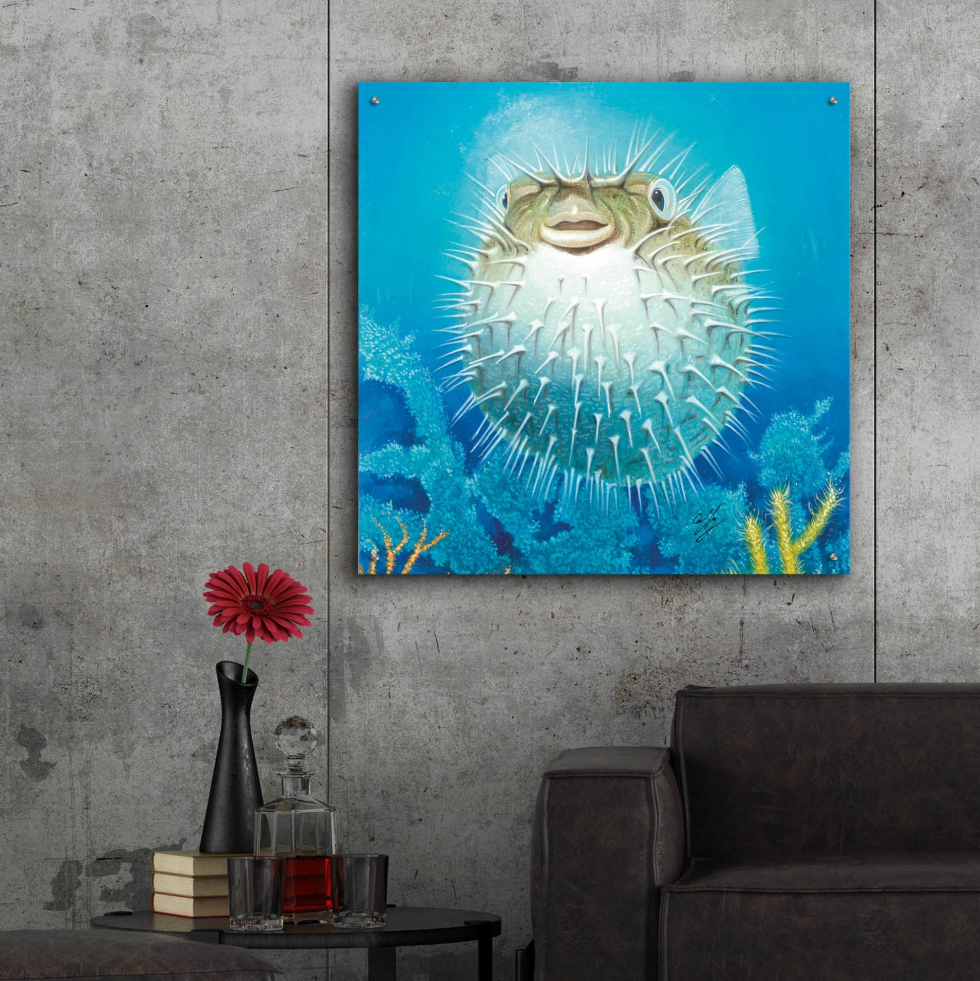 Epic Art 'Puffer Fish' by Durwood Coffey, Acrylic Glass Wall Art,36x36