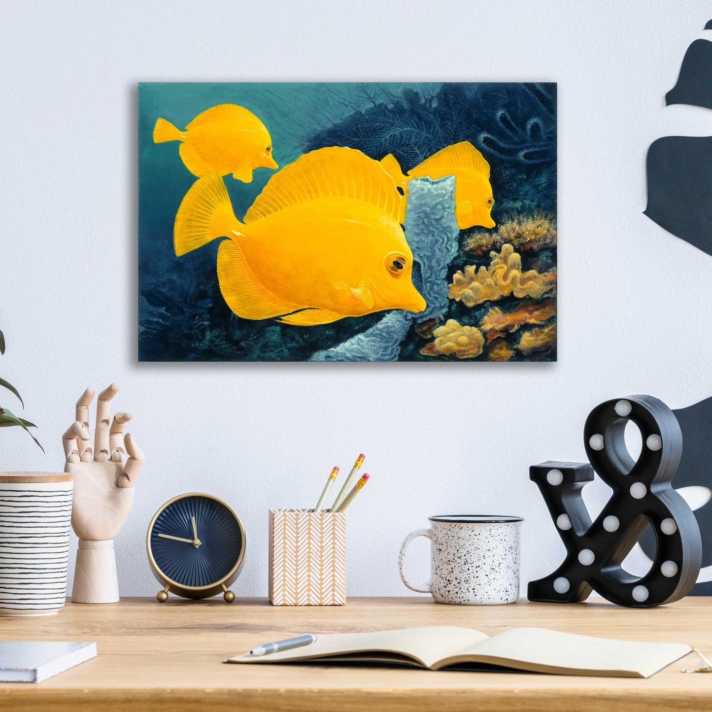 Epic Art 'Yellow Tangs' by Durwood Coffey, Acrylic Glass Wall Art,16x12