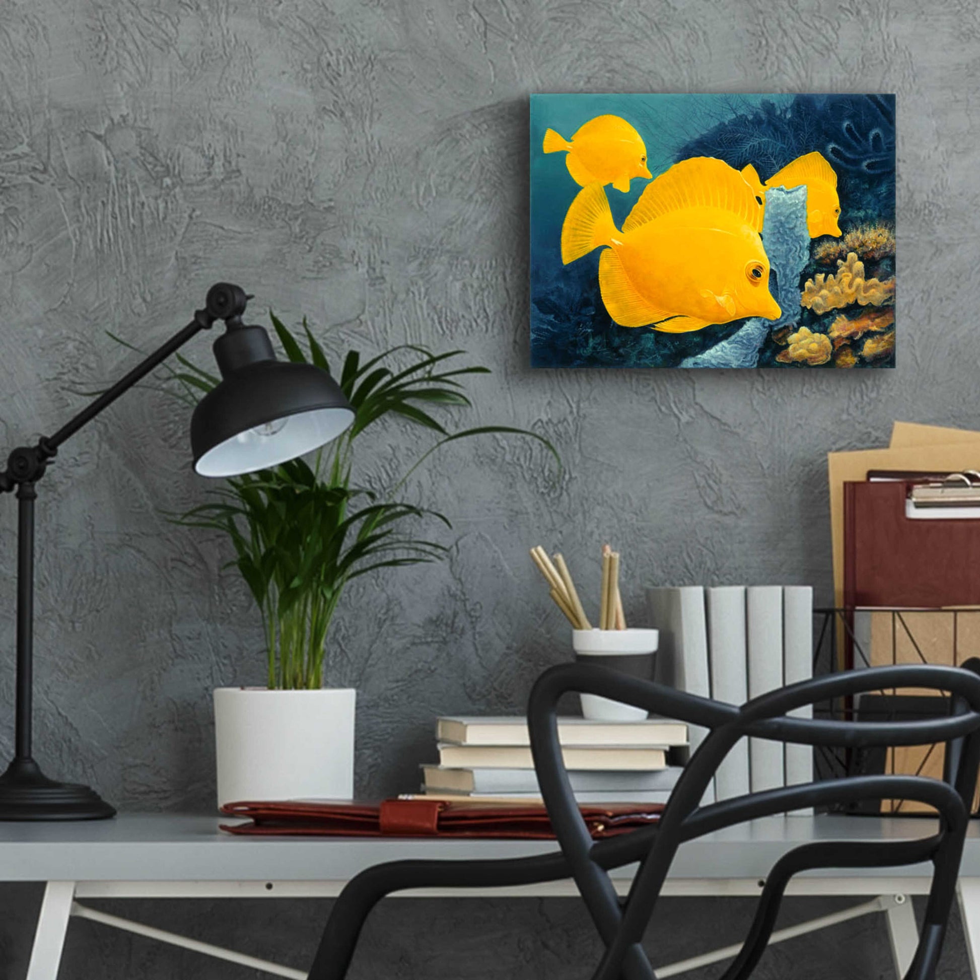 Epic Art 'Yellow Tangs' by Durwood Coffey, Acrylic Glass Wall Art,16x12