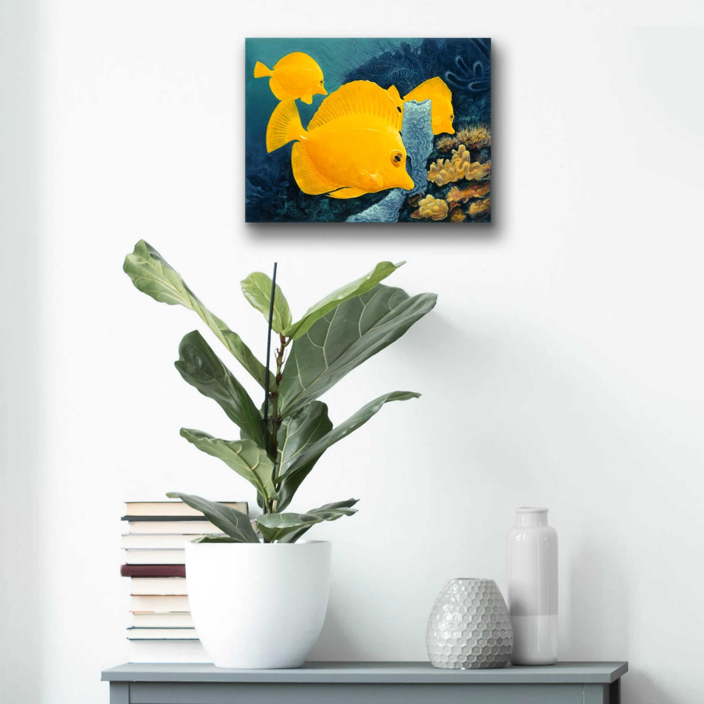 Epic Art 'Yellow Tangs' by Durwood Coffey, Acrylic Glass Wall Art,16x12