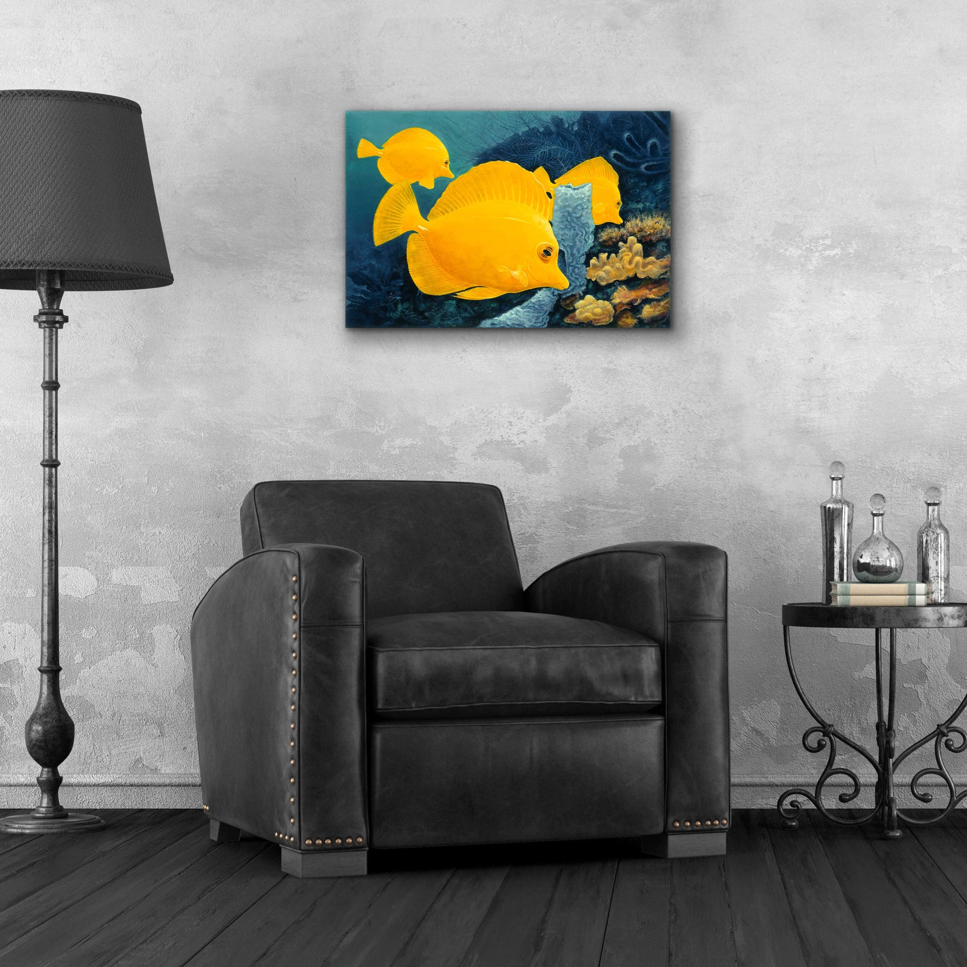 Epic Art 'Yellow Tangs' by Durwood Coffey, Acrylic Glass Wall Art,24x16