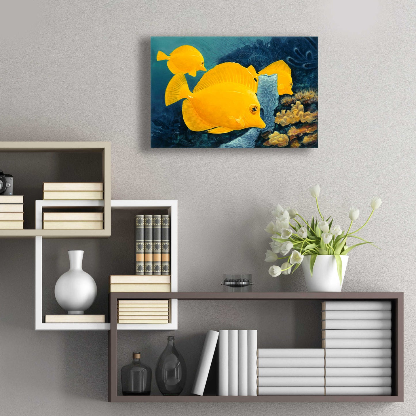 Epic Art 'Yellow Tangs' by Durwood Coffey, Acrylic Glass Wall Art,24x16