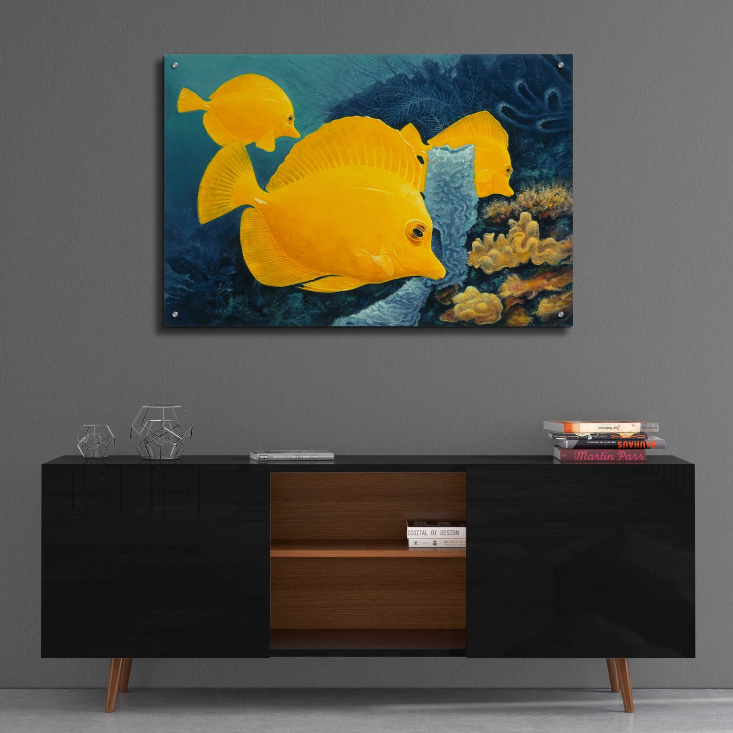 Epic Art 'Yellow Tangs' by Durwood Coffey, Acrylic Glass Wall Art,36x24