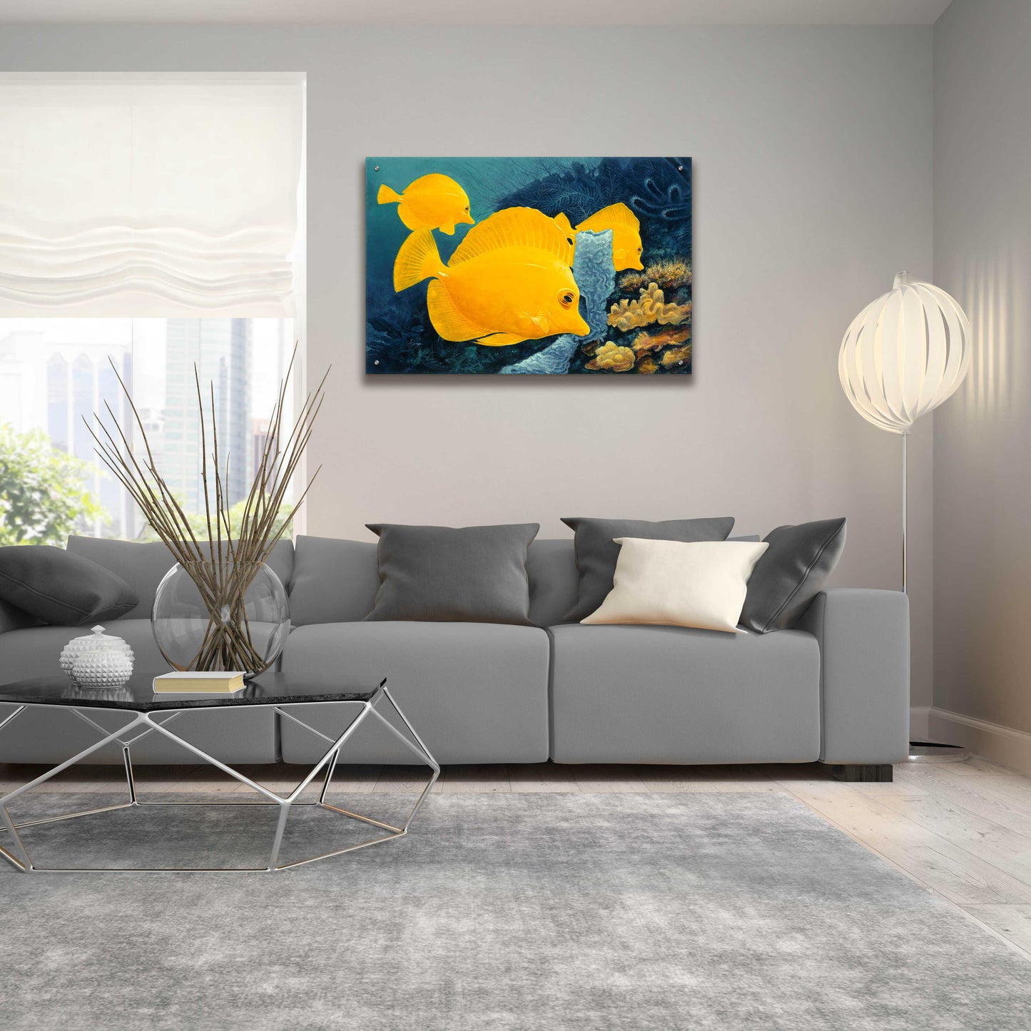 Epic Art 'Yellow Tangs' by Durwood Coffey, Acrylic Glass Wall Art,36x24