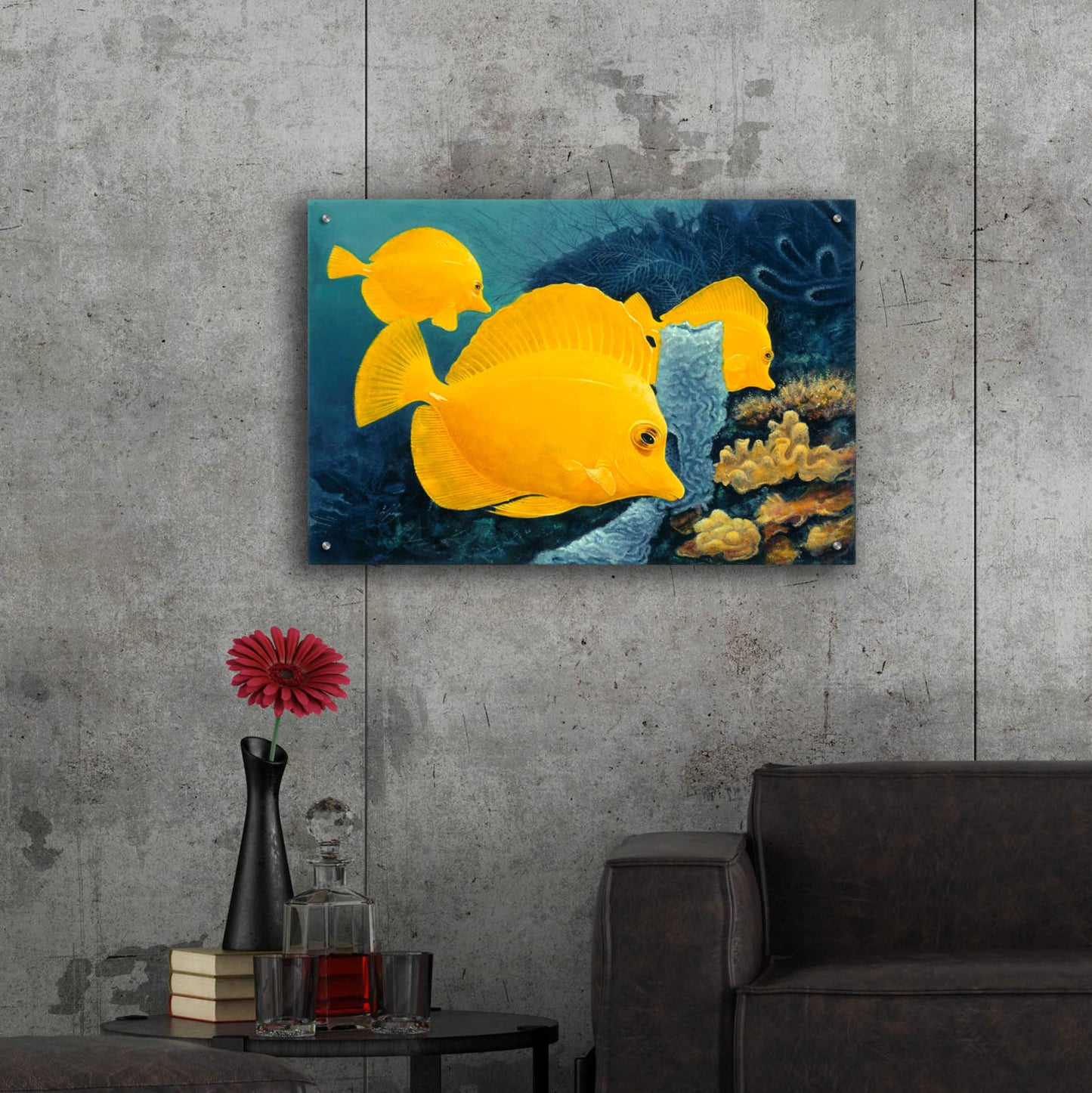 Epic Art 'Yellow Tangs' by Durwood Coffey, Acrylic Glass Wall Art,36x24