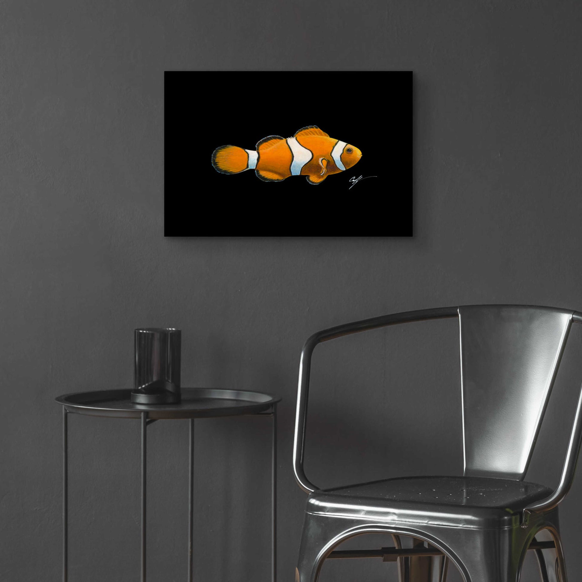 Epic Art 'Clown Fish on Black' by Durwood Coffey, Acrylic Glass Wall Art,24x16