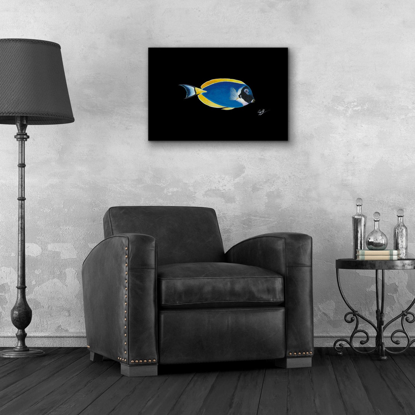 Epic Art 'Powder Blue Tang on Black' by Durwood Coffey, Acrylic Glass Wall Art,24x16