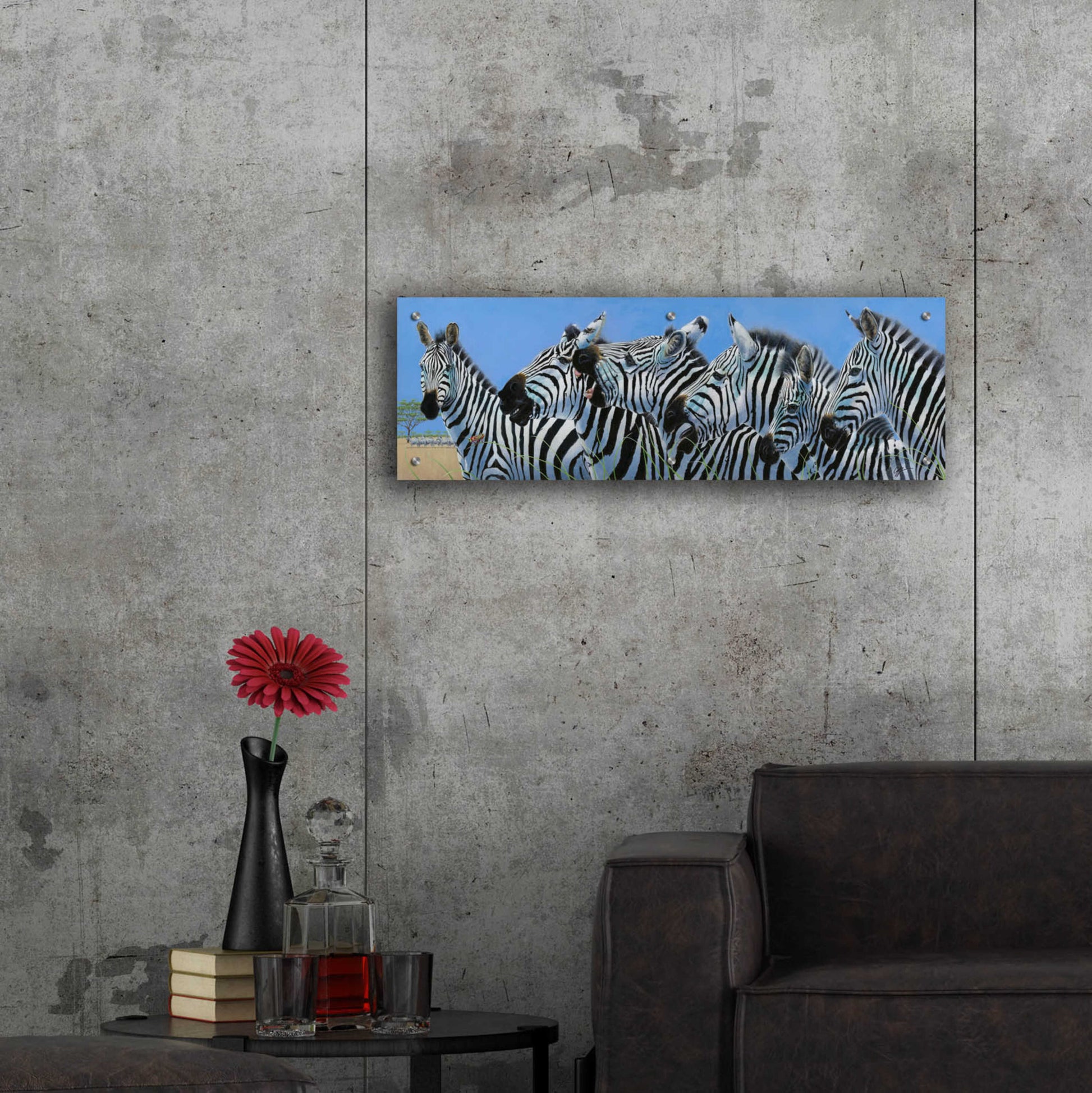 Epic Art 'Serengeti Serenade Zebras' by Durwood Coffey, Acrylic Glass Wall Art,36x12