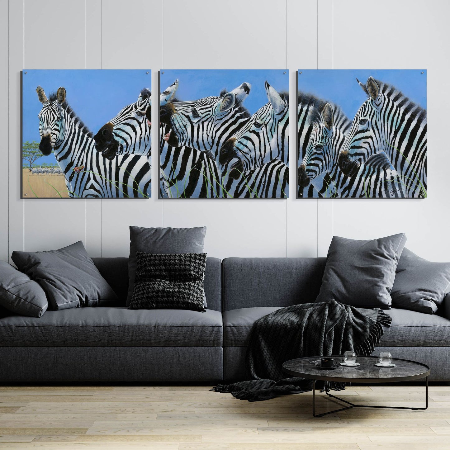 Epic Art 'Serengeti Serenade Zebras' by Durwood Coffey, Acrylic Glass Wall Art, 3 Piece Set,108x36