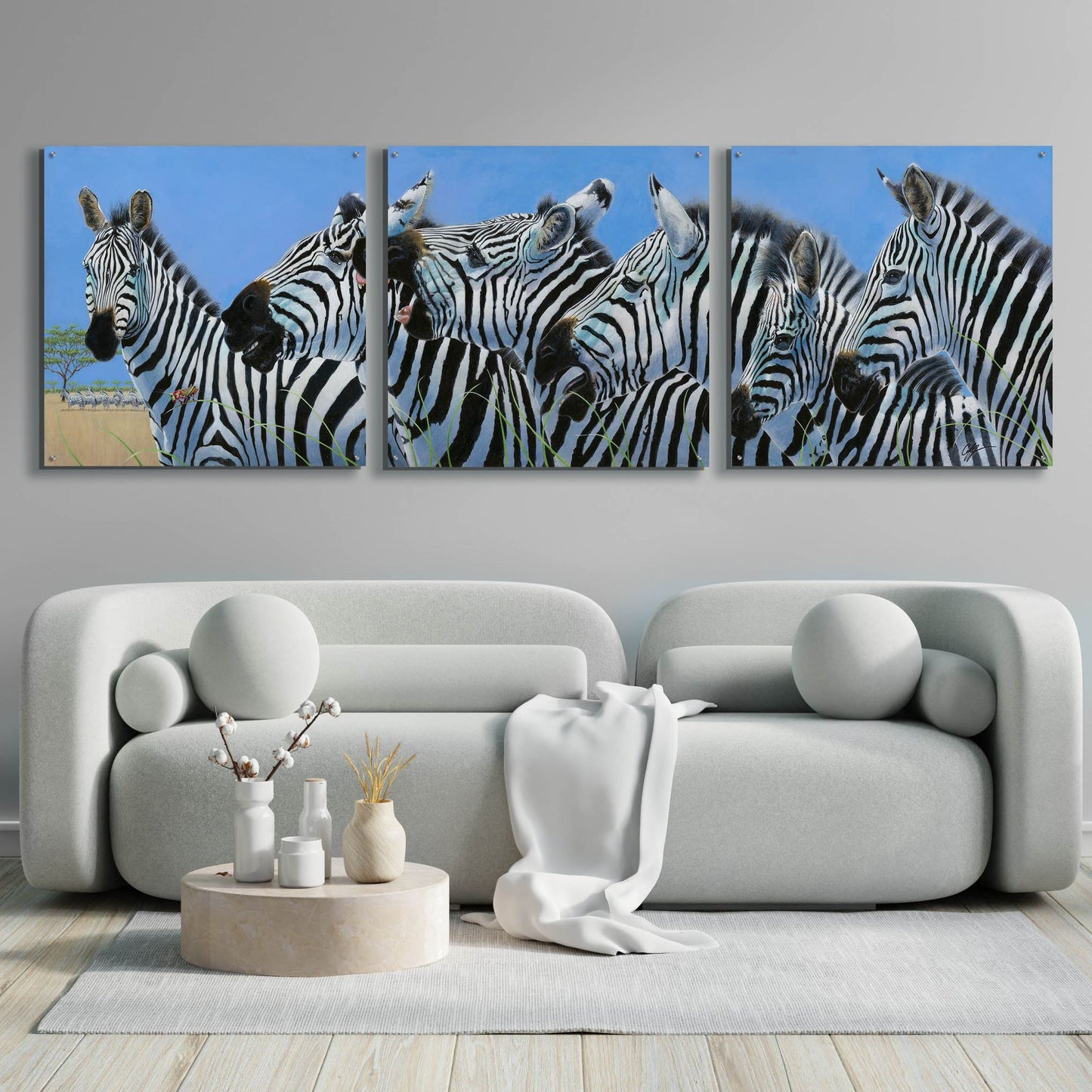 Epic Art 'Serengeti Serenade Zebras' by Durwood Coffey, Acrylic Glass Wall Art, 3 Piece Set,108x36