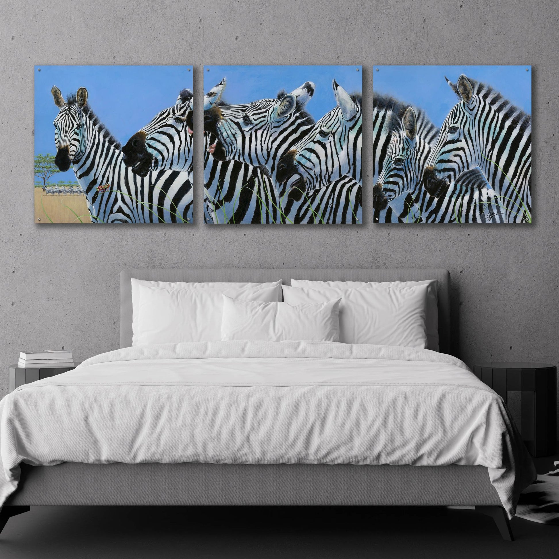 Epic Art 'Serengeti Serenade Zebras' by Durwood Coffey, Acrylic Glass Wall Art, 3 Piece Set,108x36