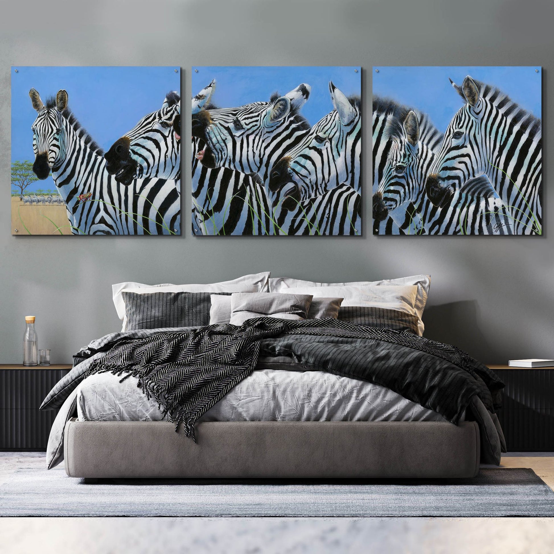 Epic Art 'Serengeti Serenade Zebras' by Durwood Coffey, Acrylic Glass Wall Art, 3 Piece Set,108x36