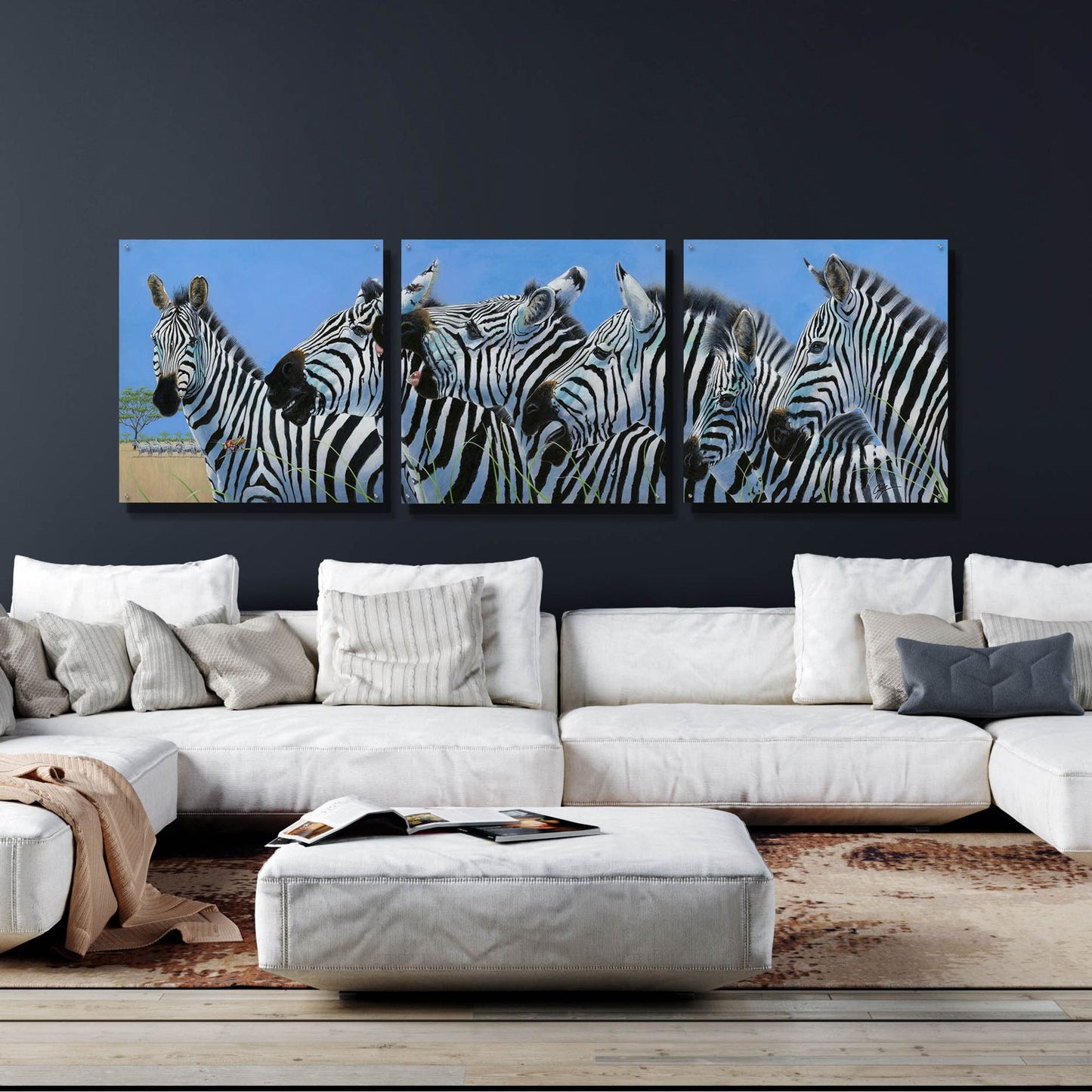 Epic Art 'Serengeti Serenade Zebras' by Durwood Coffey, Acrylic Glass Wall Art, 3 Piece Set,108x36