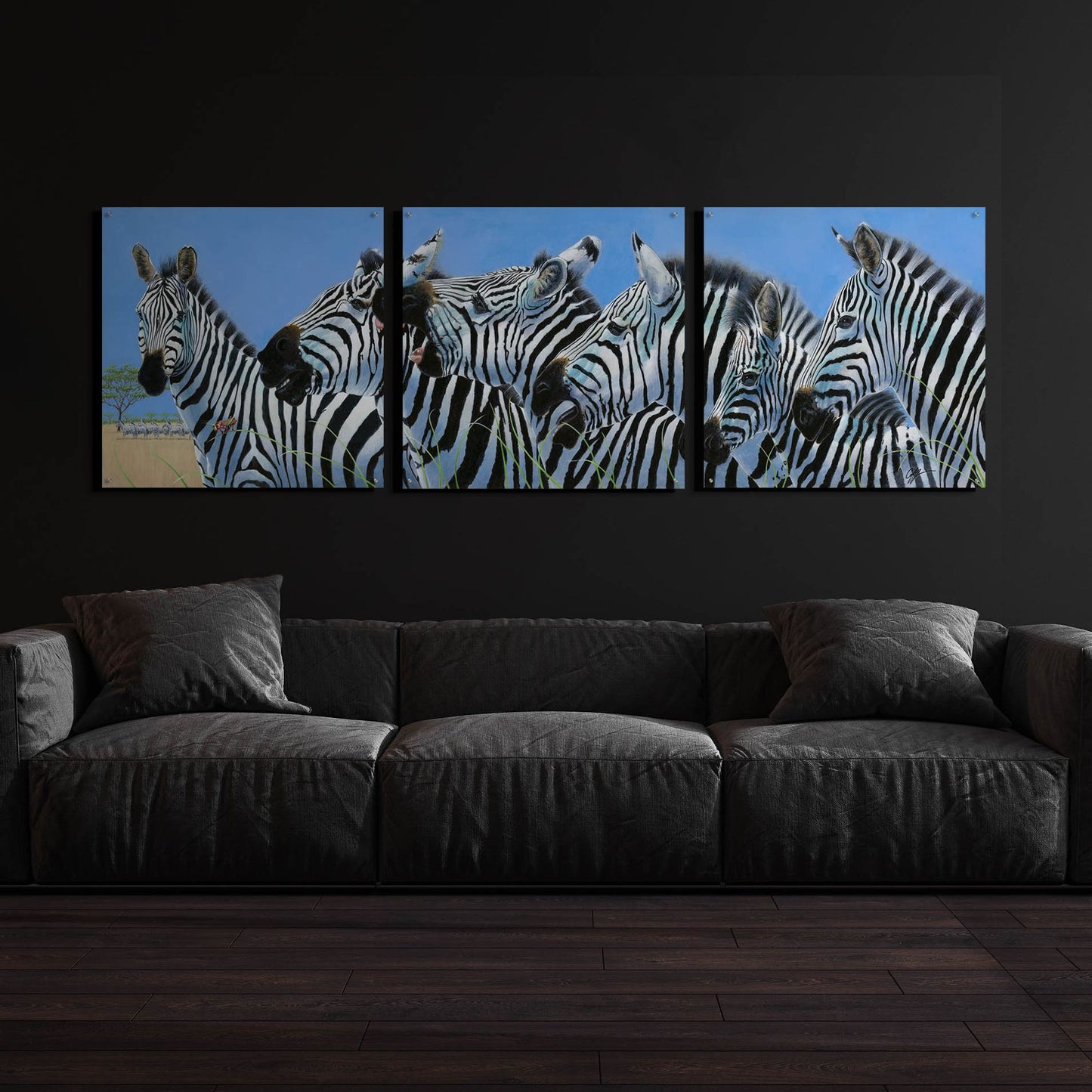 Epic Art 'Serengeti Serenade Zebras' by Durwood Coffey, Acrylic Glass Wall Art, 3 Piece Set,108x36