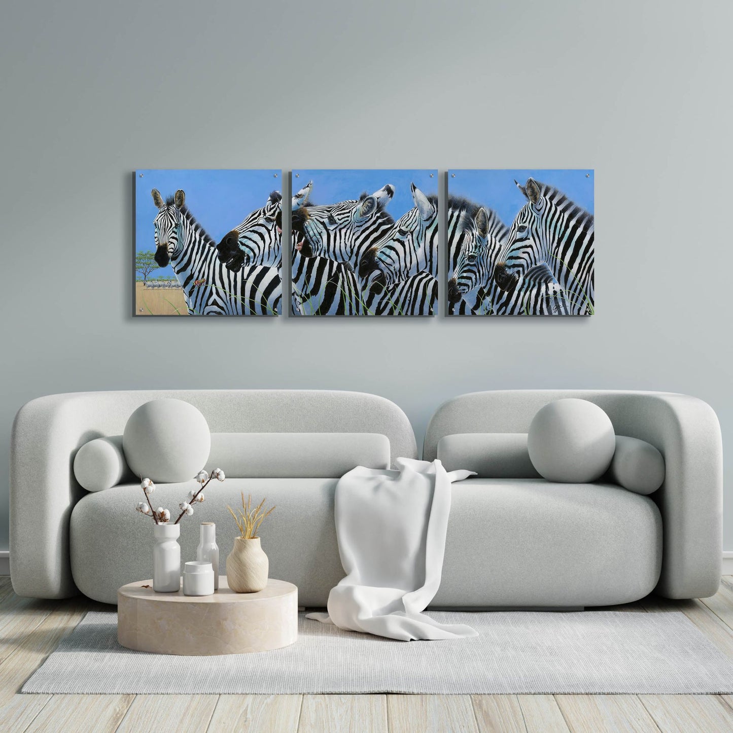 Epic Art 'Serengeti Serenade Zebras' by Durwood Coffey, Acrylic Glass Wall Art, 3 Piece Set,72x24