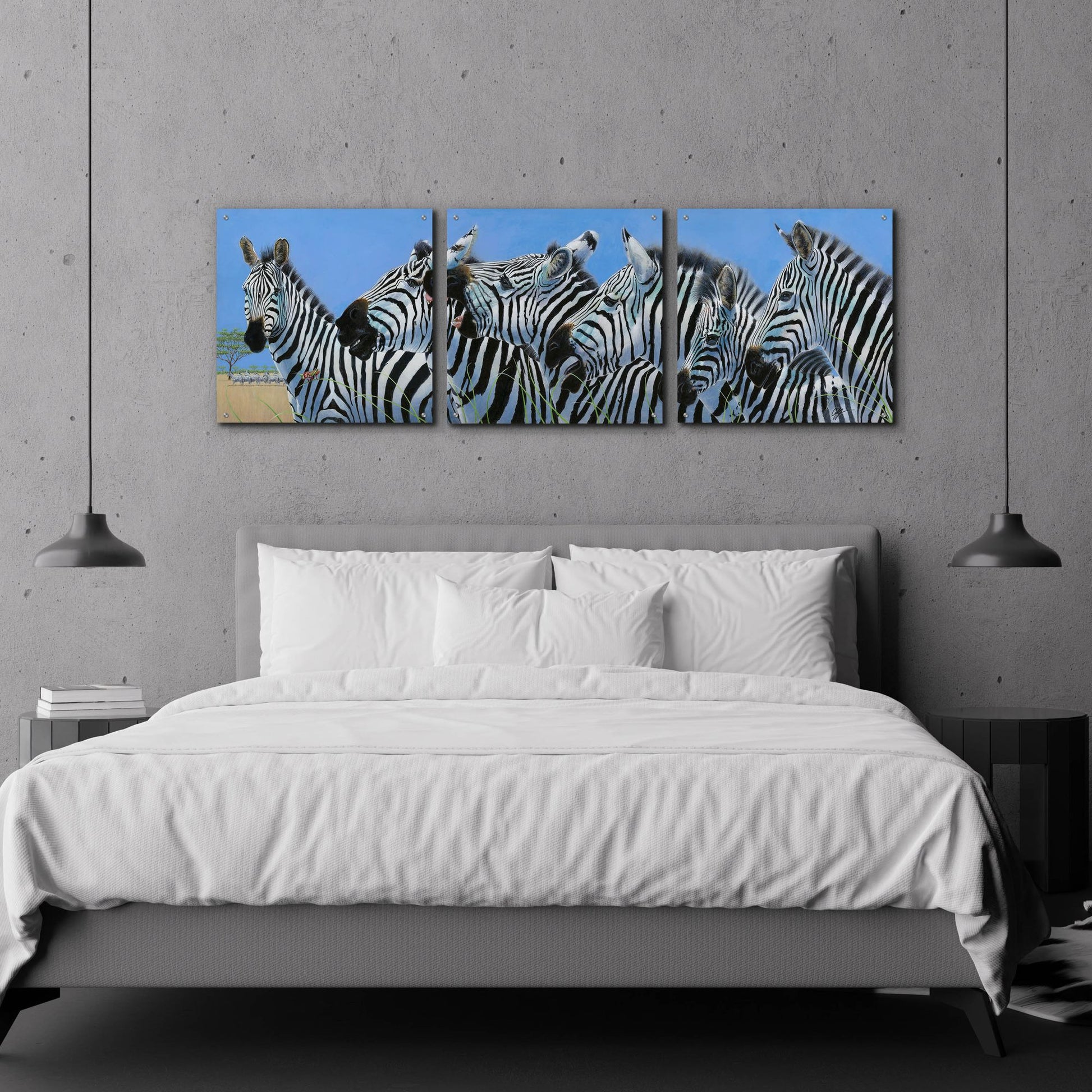 Epic Art 'Serengeti Serenade Zebras' by Durwood Coffey, Acrylic Glass Wall Art, 3 Piece Set,72x24