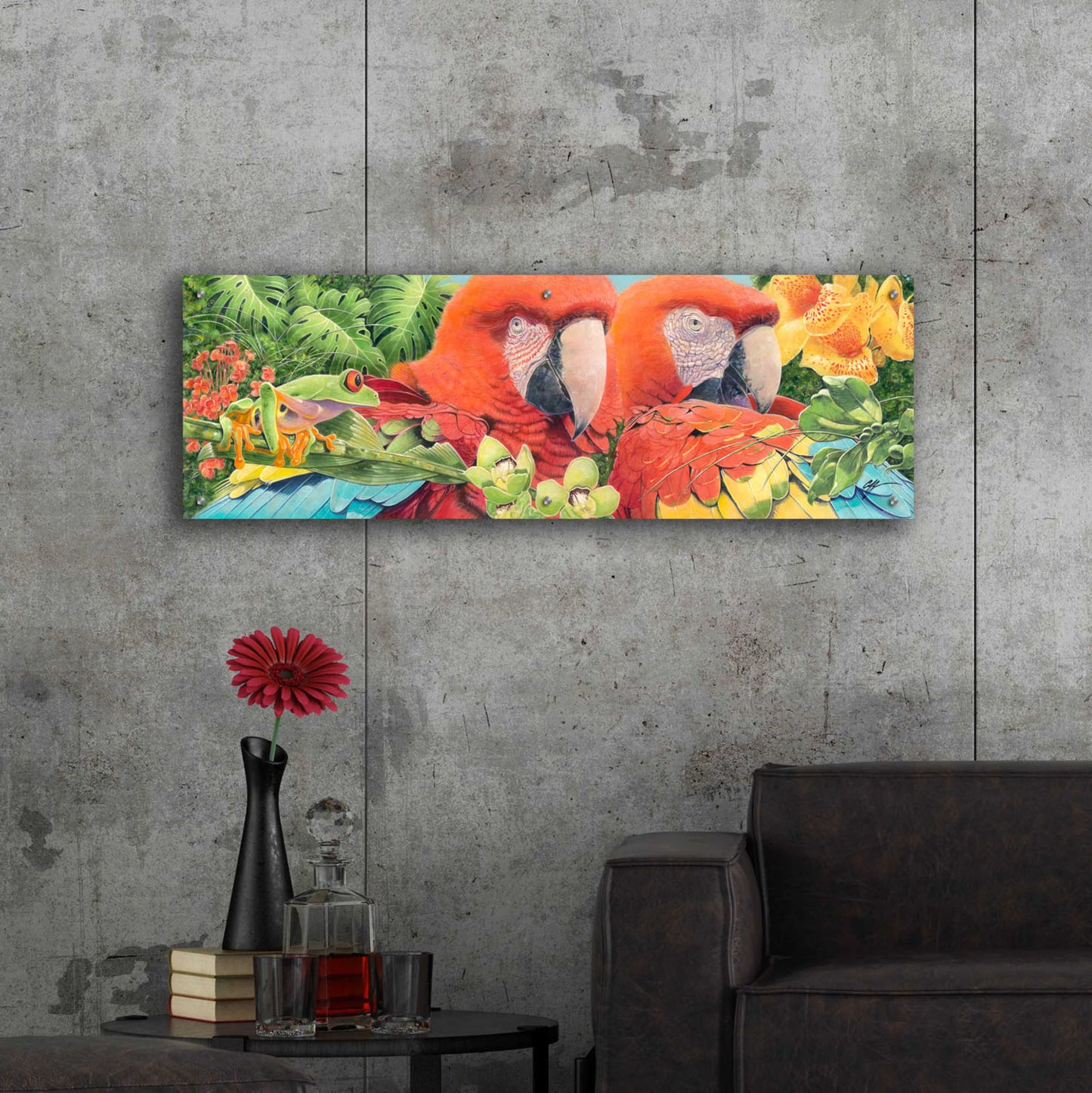 Epic Art 'Scarlet Macaws' by Durwood Coffey, Acrylic Glass Wall Art,48x16