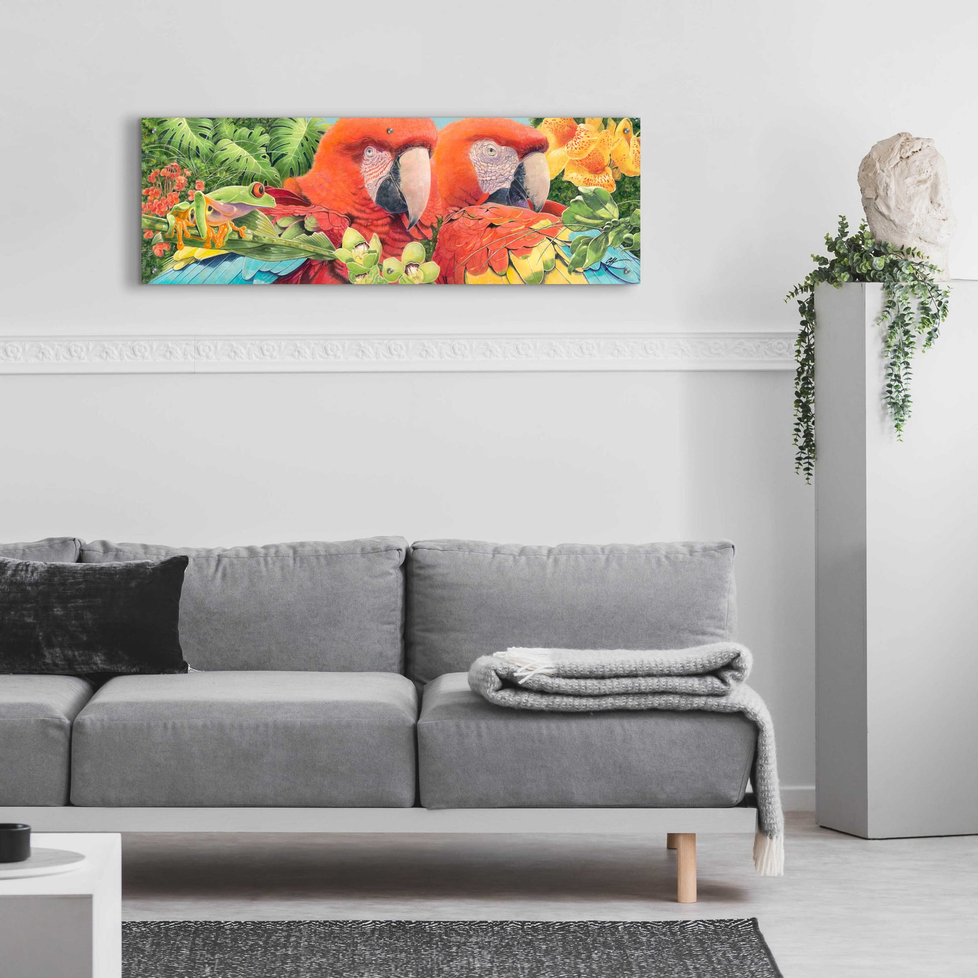 Epic Art 'Scarlet Macaws' by Durwood Coffey, Acrylic Glass Wall Art,48x16