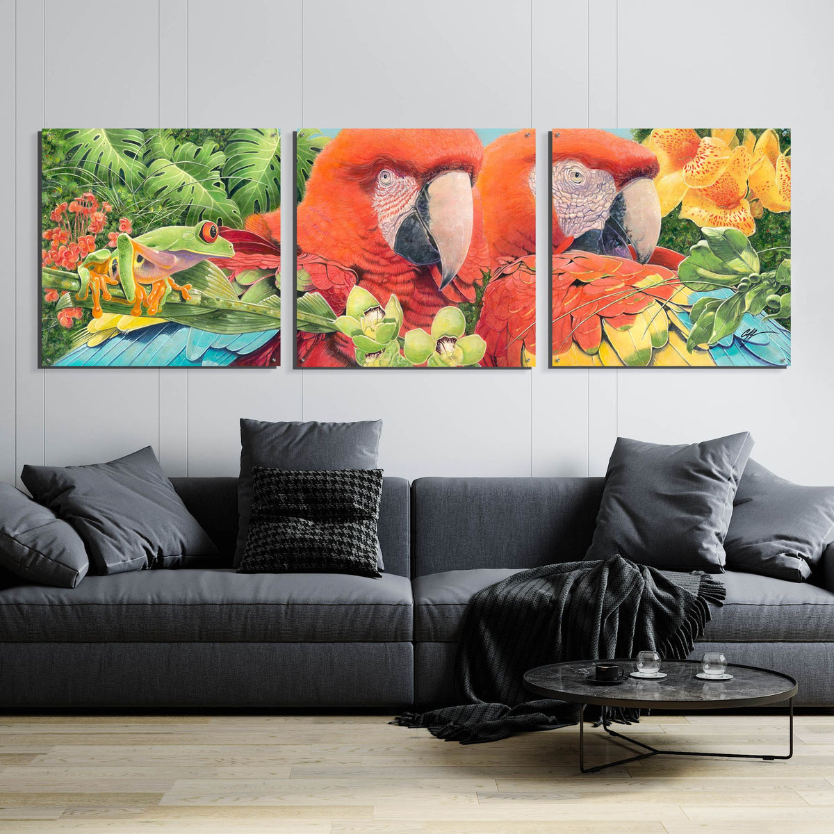 Epic Art 'Scarlet Macaws' by Durwood Coffey, Acrylic Glass Wall Art, 3 Piece Set,108x36