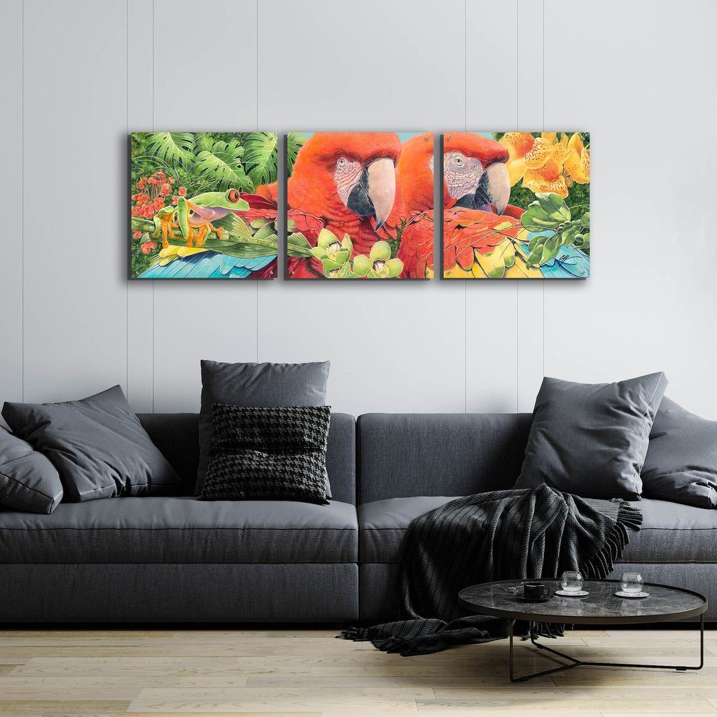 Epic Art 'Scarlet Macaws' by Durwood Coffey, Acrylic Glass Wall Art, 3 Piece Set,72x24
