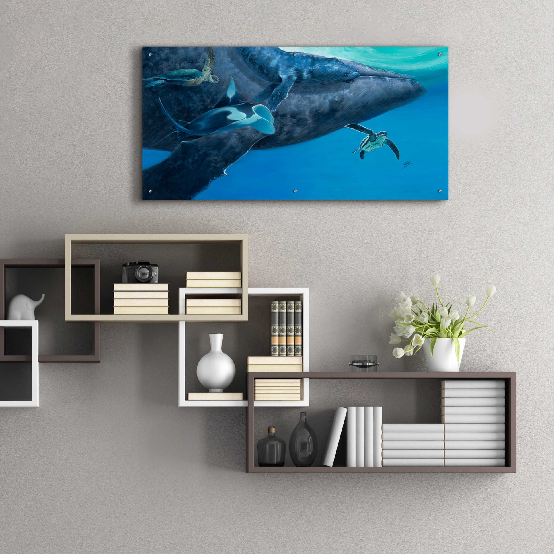 Epic Art 'Swimming with Giants' by Durwood Coffey, Acrylic Glass Wall Art,48x24