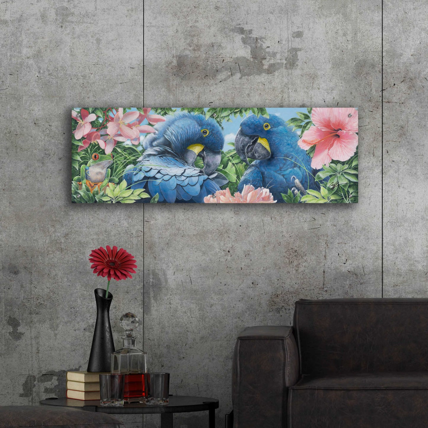 Epic Art 'Blue Macaws' by Durwood Coffey, Acrylic Glass Wall Art,48x16