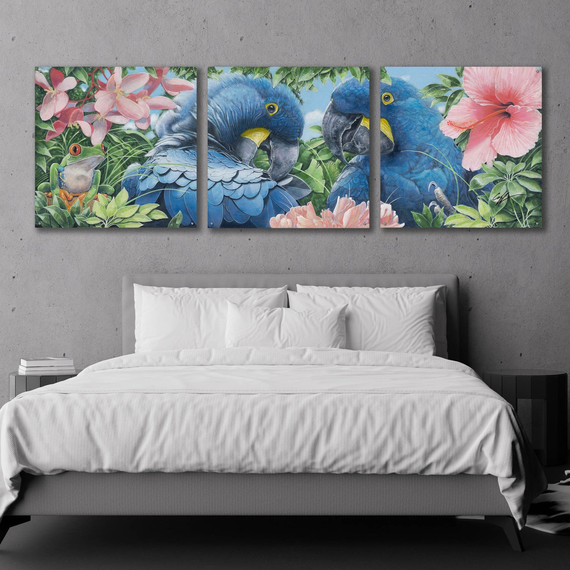 Epic Art 'Blue Macaws' by Durwood Coffey, Acrylic Glass Wall Art, 3 Piece Set,108x36