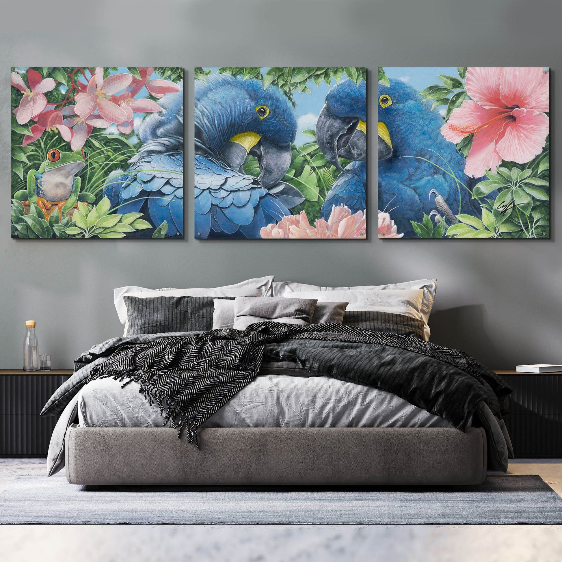 Epic Art 'Blue Macaws' by Durwood Coffey, Acrylic Glass Wall Art, 3 Piece Set,108x36