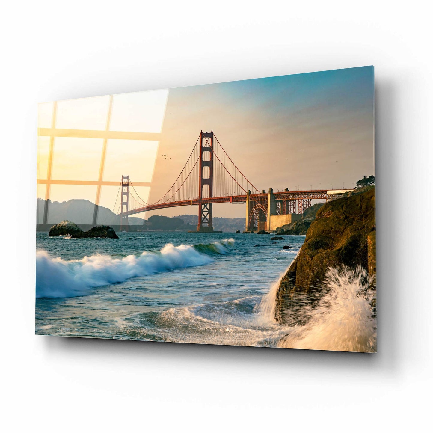 Epic Art 'Golden Gate Bridge Sunset with Wave Action' by Epic Portfolio, Acrylic Glass Wall Art,16x12