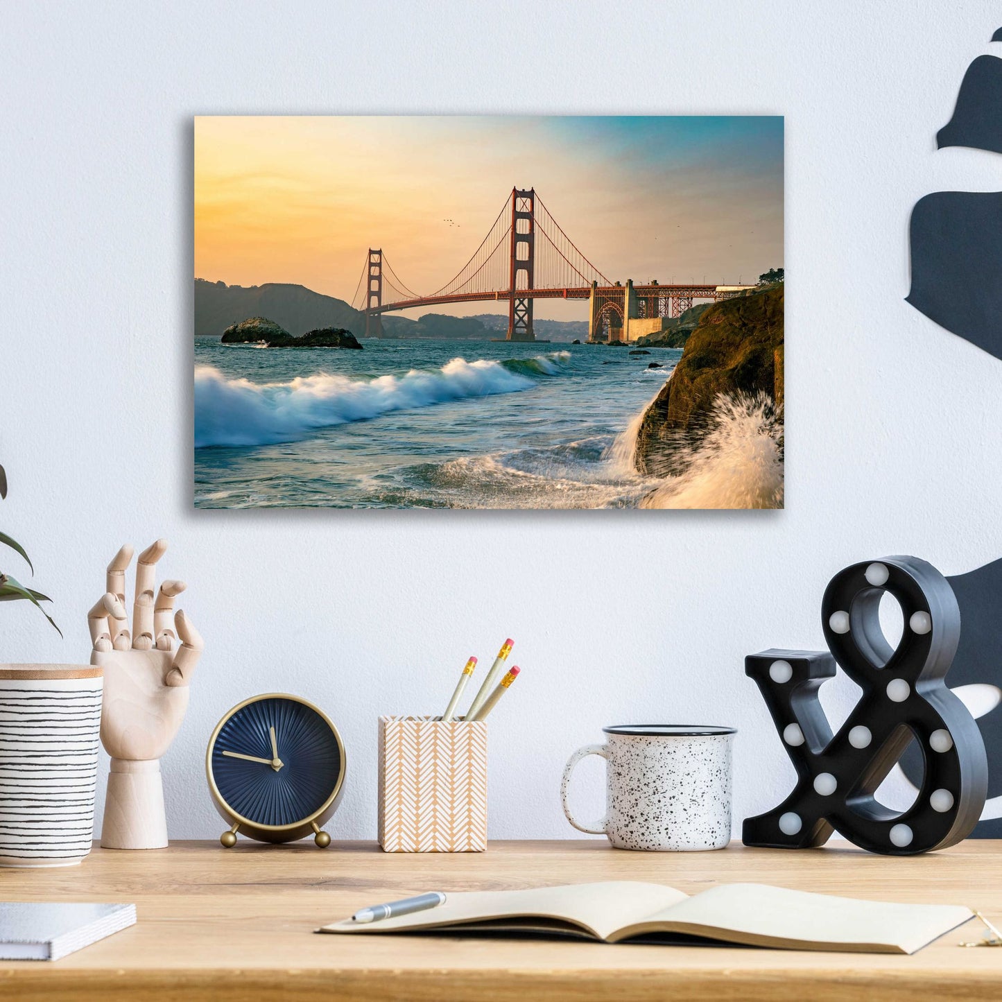 Epic Art 'Golden Gate Bridge Sunset with Wave Action' by Epic Portfolio, Acrylic Glass Wall Art,16x12