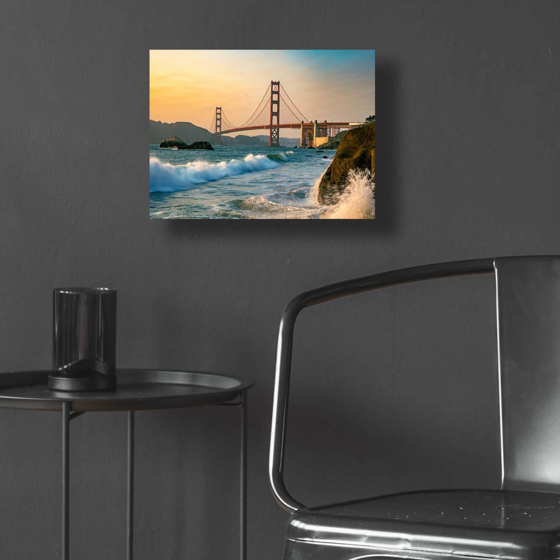 Epic Art 'Golden Gate Bridge Sunset with Wave Action' by Epic Portfolio, Acrylic Glass Wall Art,16x12