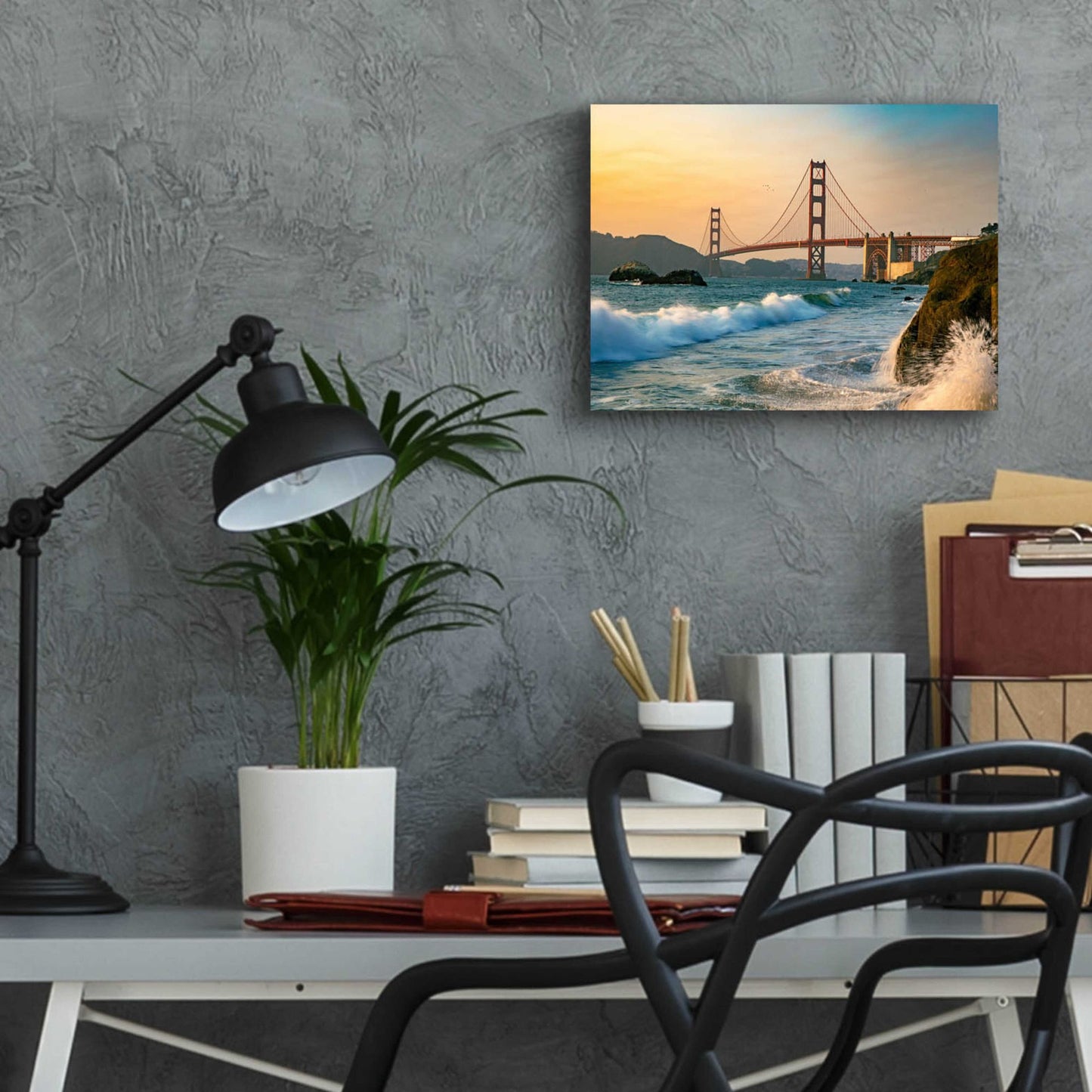 Epic Art 'Golden Gate Bridge Sunset with Wave Action' by Epic Portfolio, Acrylic Glass Wall Art,16x12