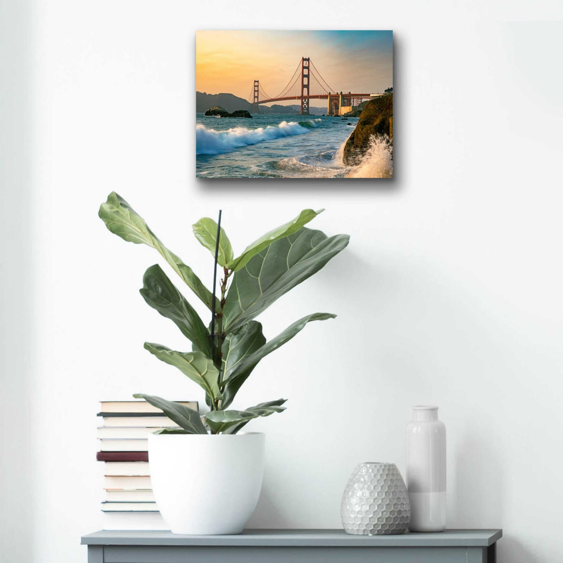 Epic Art 'Golden Gate Bridge Sunset with Wave Action' by Epic Portfolio, Acrylic Glass Wall Art,16x12