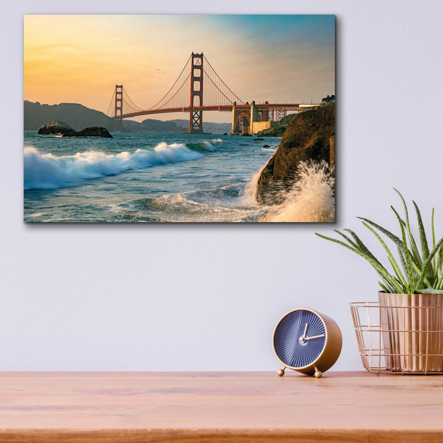 Epic Art 'Golden Gate Bridge Sunset with Wave Action' by Epic Portfolio, Acrylic Glass Wall Art,16x12