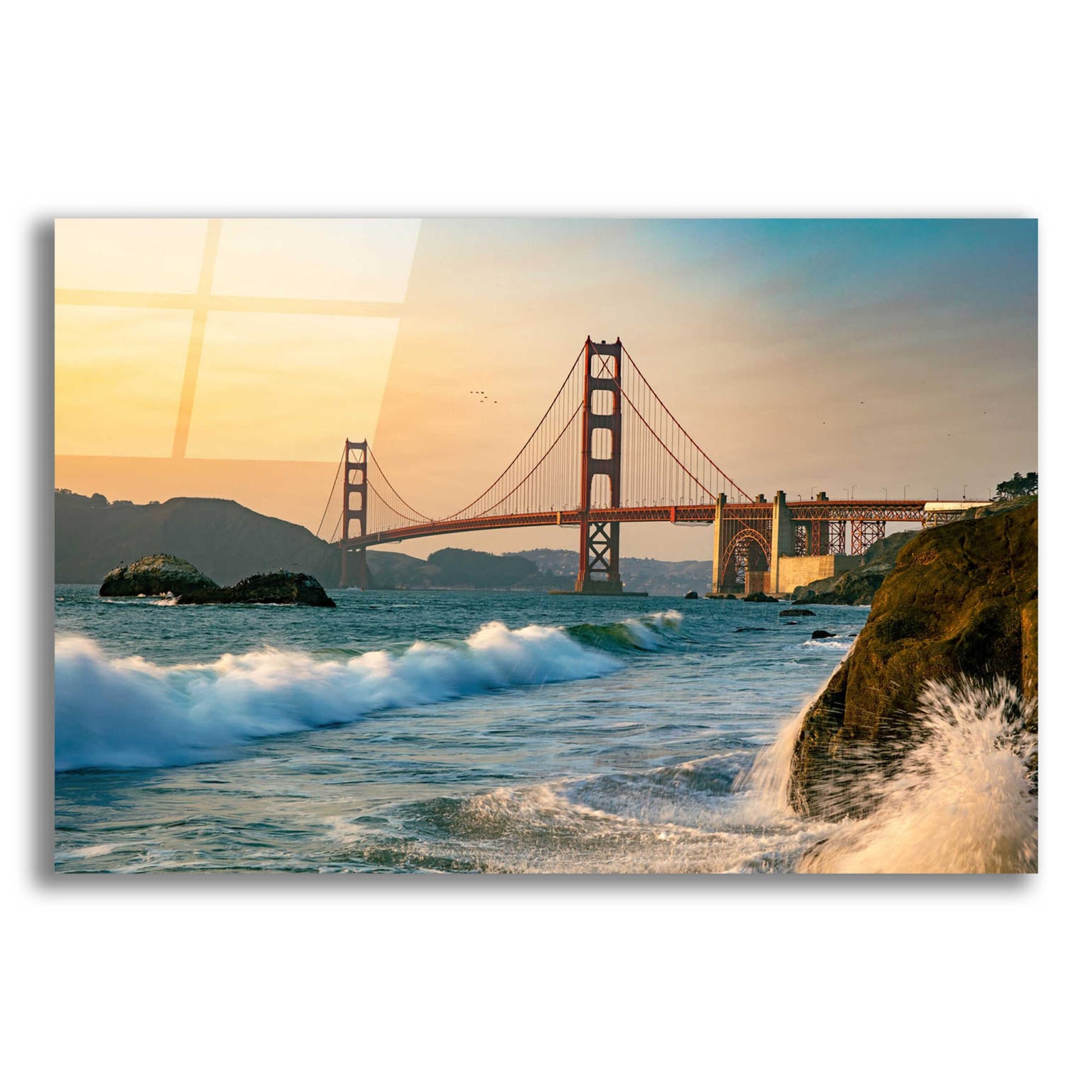 Epic Art 'Golden Gate Bridge Sunset with Wave Action' by Epic Portfolio, Acrylic Glass Wall Art,16x12