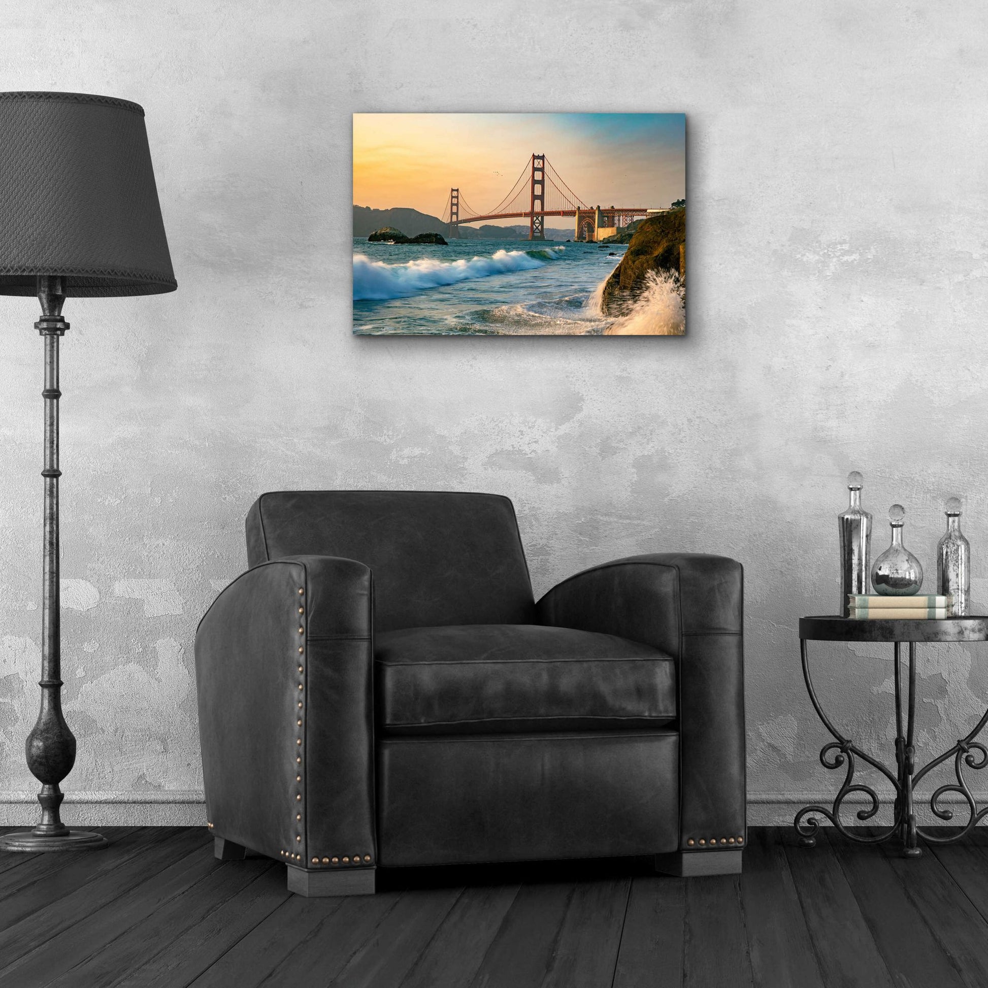 Epic Art 'Golden Gate Bridge Sunset with Wave Action' by Epic Portfolio, Acrylic Glass Wall Art,24x16