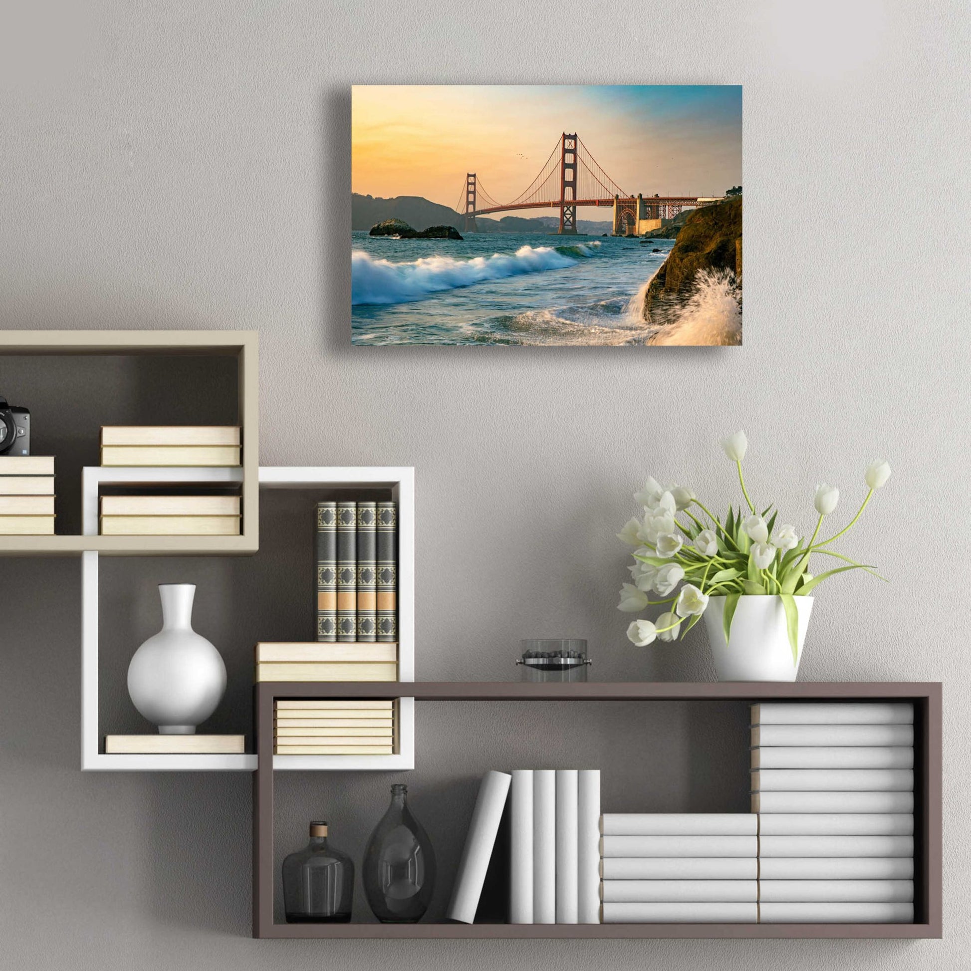 Epic Art 'Golden Gate Bridge Sunset with Wave Action' by Epic Portfolio, Acrylic Glass Wall Art,24x16