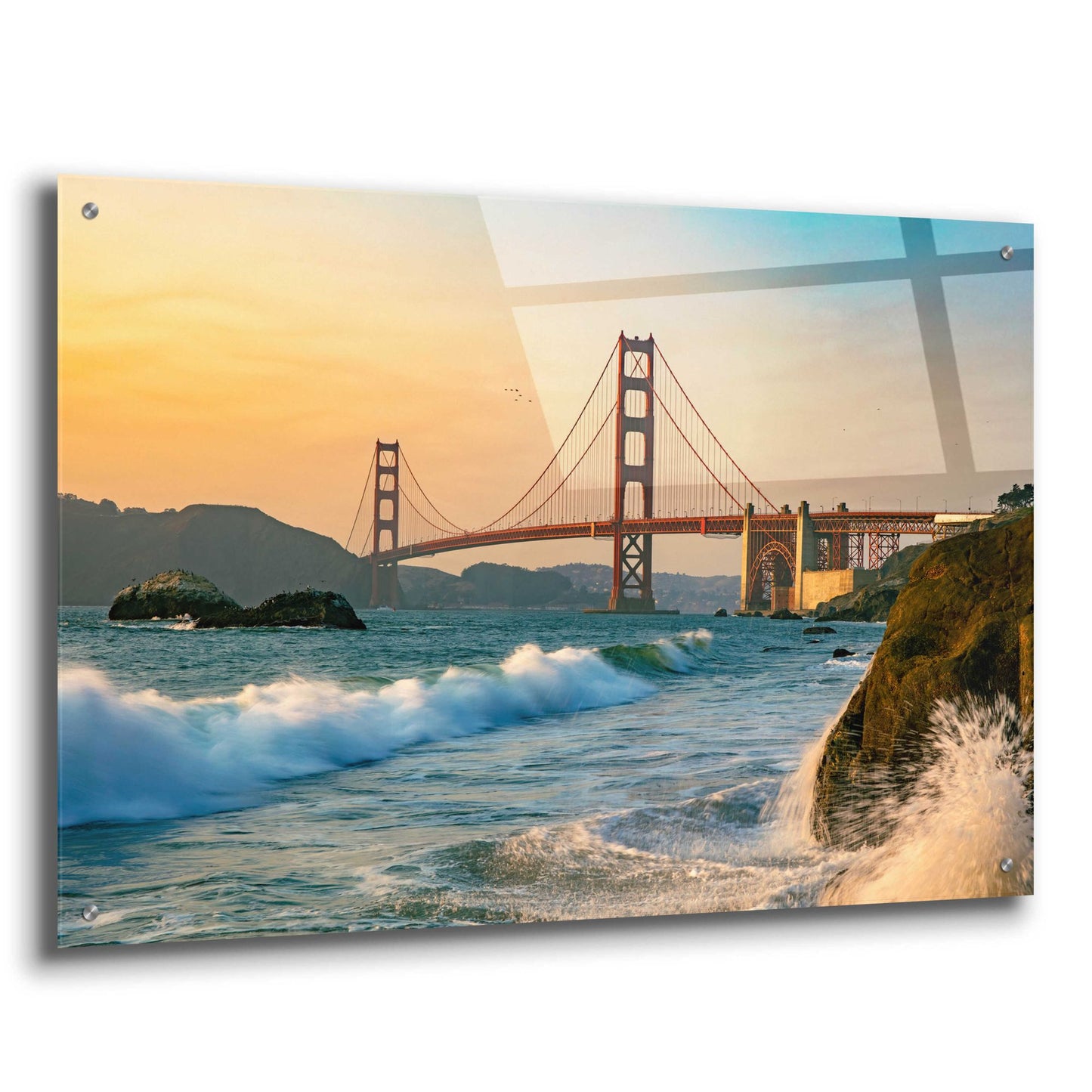 Epic Art 'Golden Gate Bridge Sunset with Wave Action' by Epic Portfolio, Acrylic Glass Wall Art,36x24