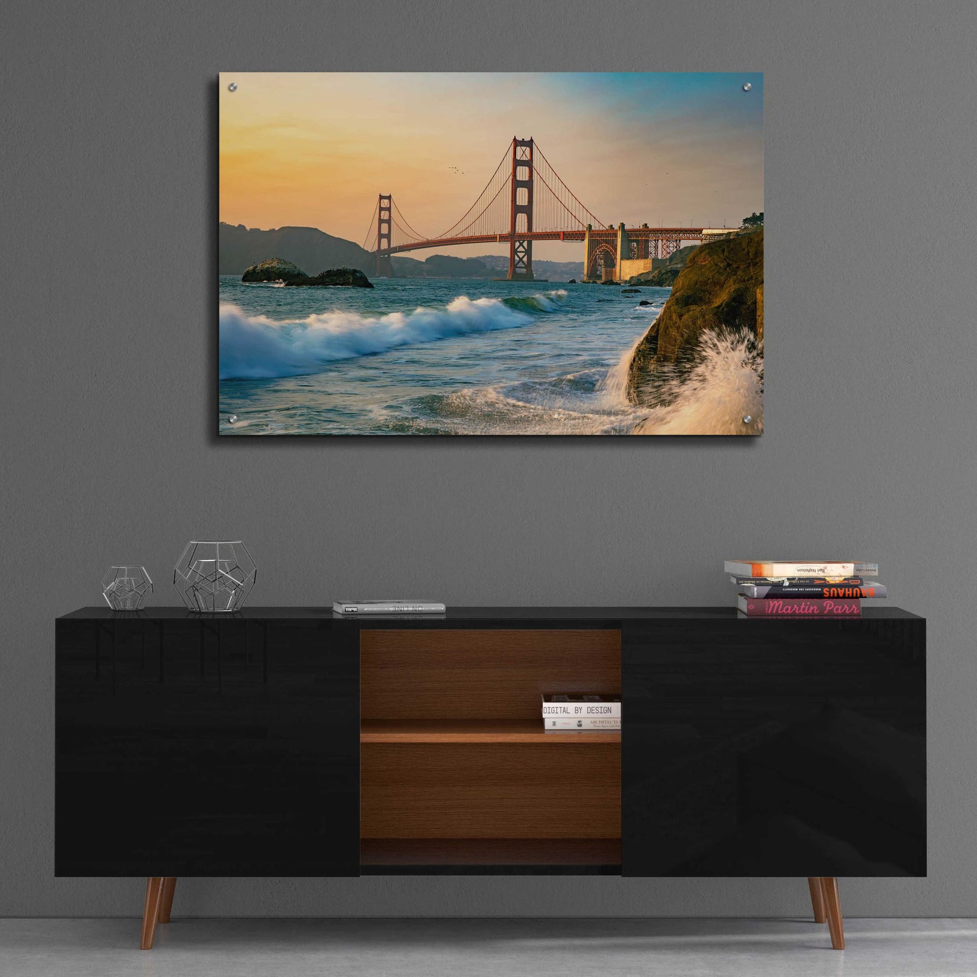 Epic Art 'Golden Gate Bridge Sunset with Wave Action' by Epic Portfolio, Acrylic Glass Wall Art,36x24