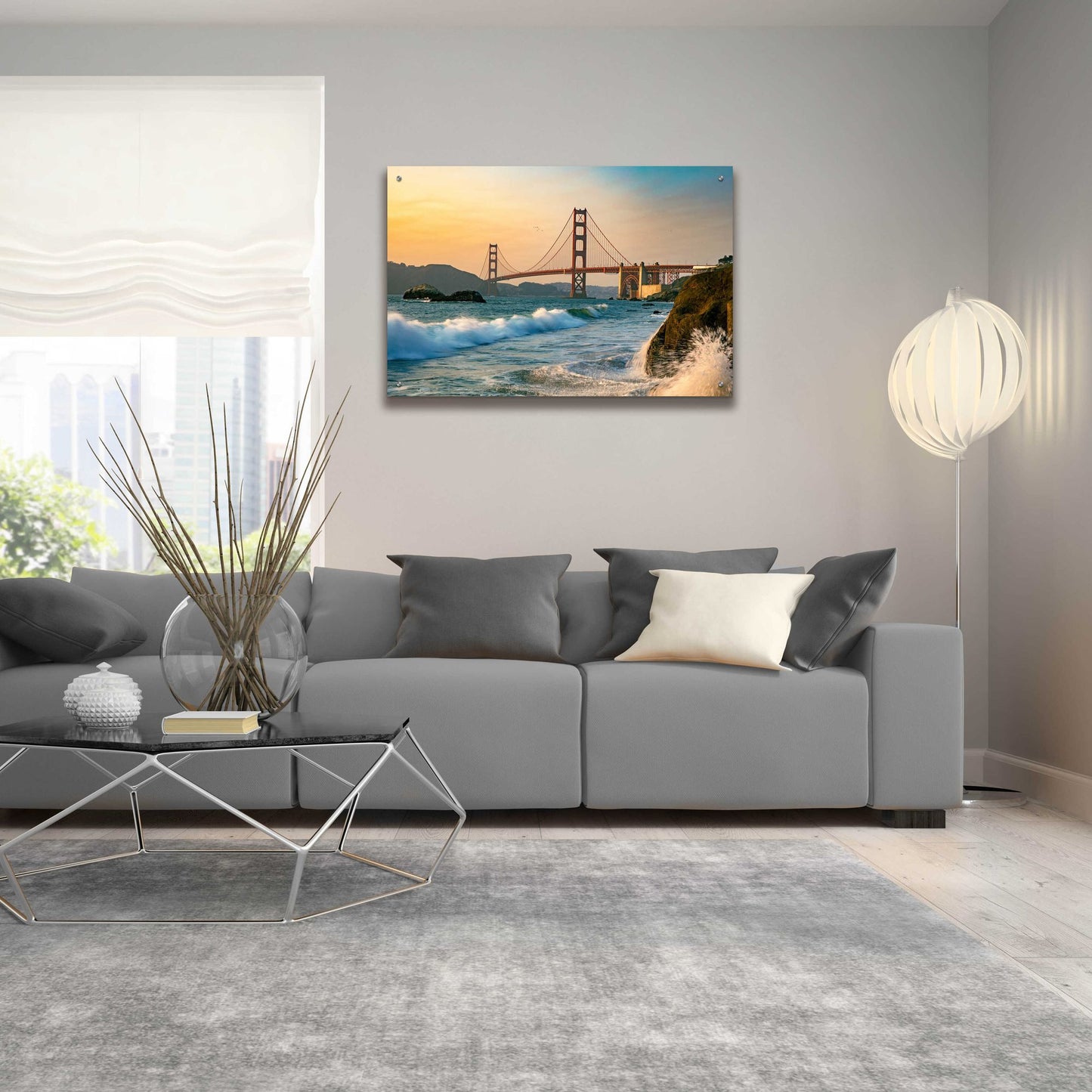 Epic Art 'Golden Gate Bridge Sunset with Wave Action' by Epic Portfolio, Acrylic Glass Wall Art,36x24