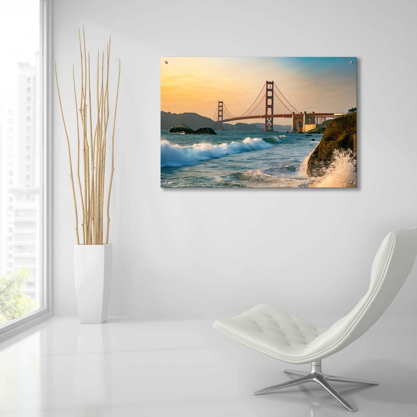 Epic Art 'Golden Gate Bridge Sunset with Wave Action' by Epic Portfolio, Acrylic Glass Wall Art,36x24