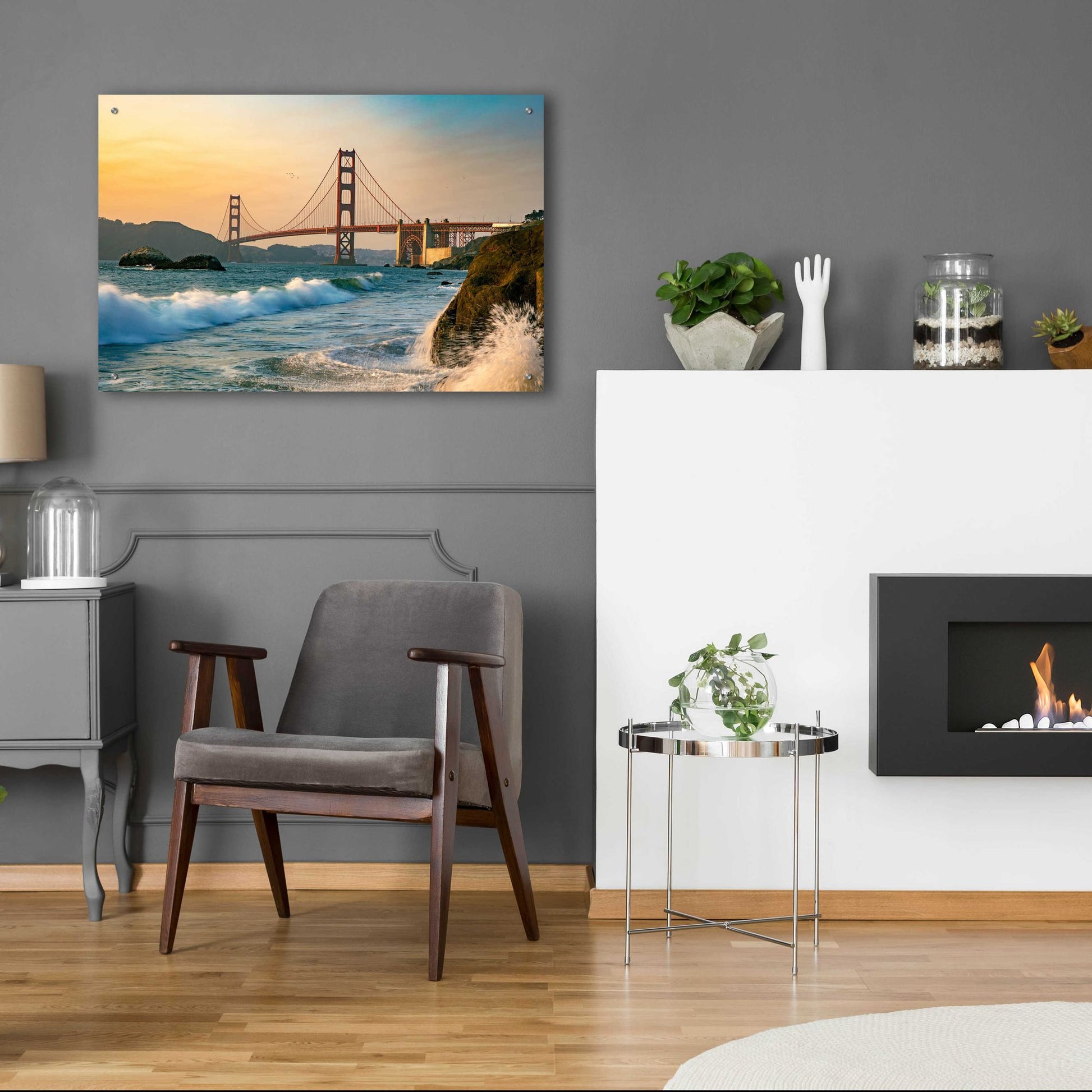 Epic Art 'Golden Gate Bridge Sunset with Wave Action' by Epic Portfolio, Acrylic Glass Wall Art,36x24