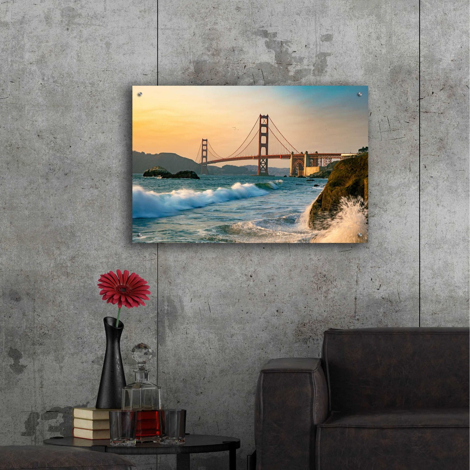 Epic Art 'Golden Gate Bridge Sunset with Wave Action' by Epic Portfolio, Acrylic Glass Wall Art,36x24