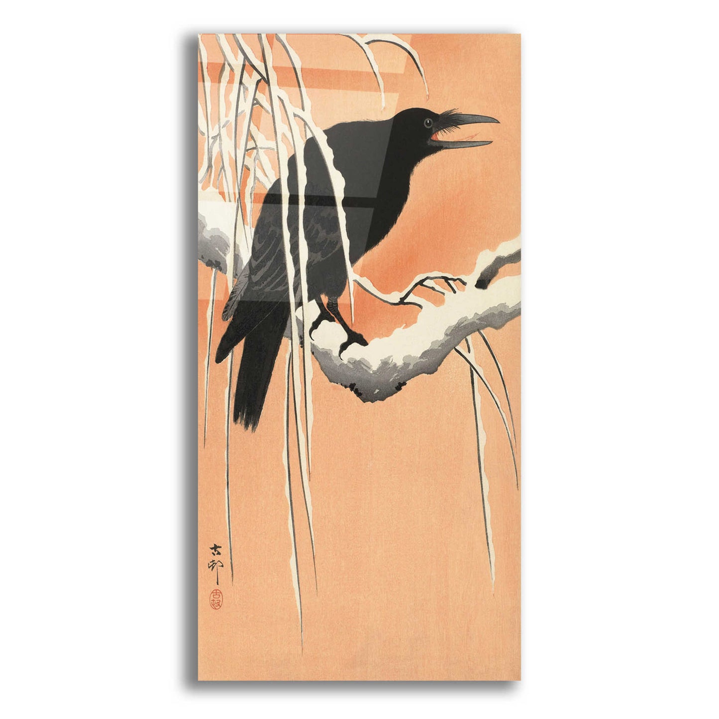 Epic Art 'Crow on a Snowy Bough 1900-1930' by Ohara Koson, Acrylic Glass Wall Art,12x24