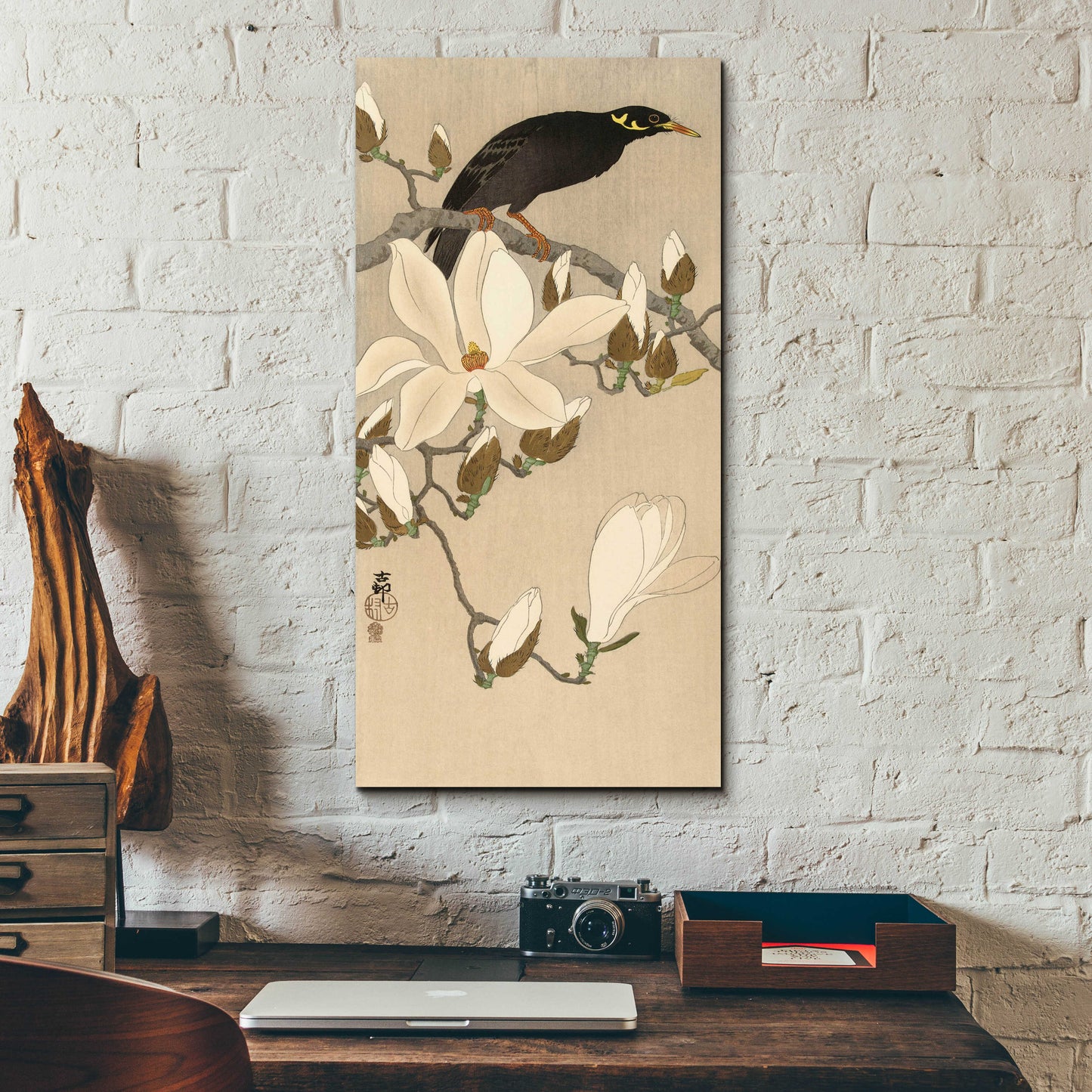 Epic Art 'Myna on Magnolia Branch 1900-1910' by Ohara Koson, Acrylic Glass Wall Art,12x24