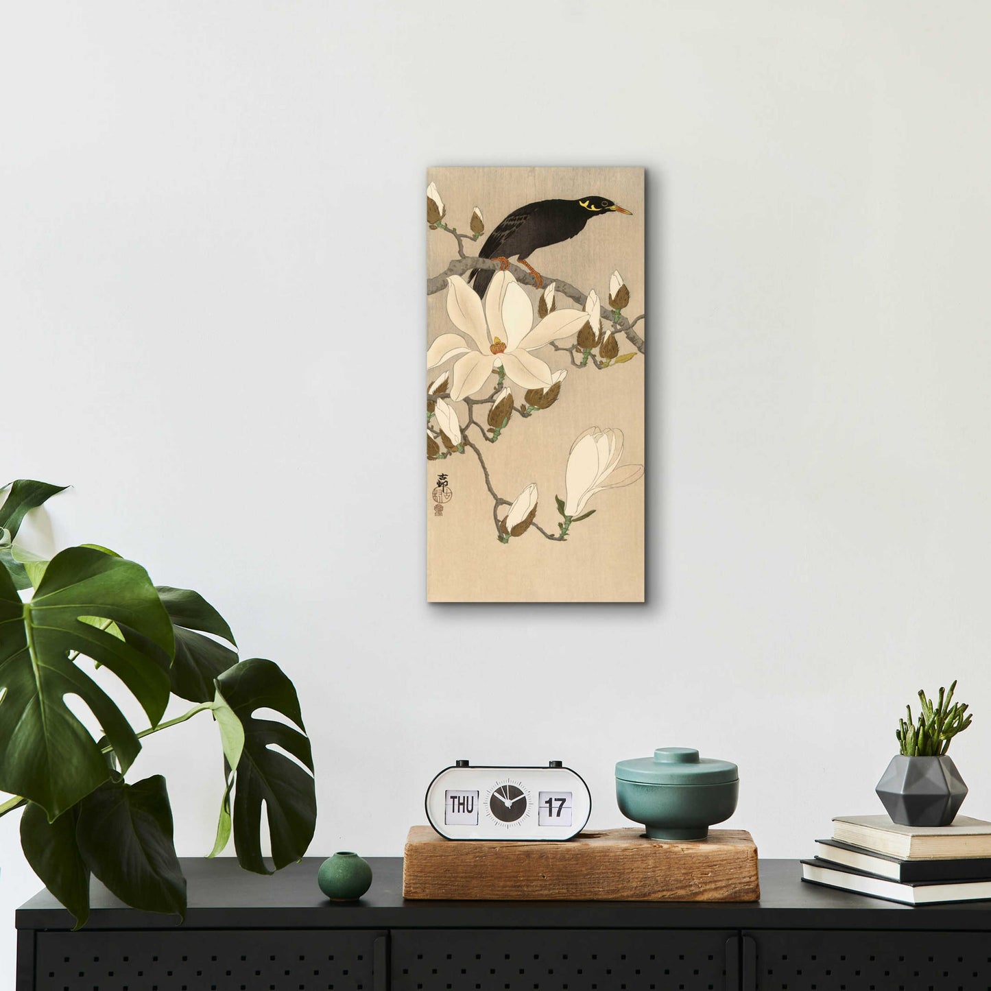 Epic Art 'Myna on Magnolia Branch 1900-1910' by Ohara Koson, Acrylic Glass Wall Art,12x24