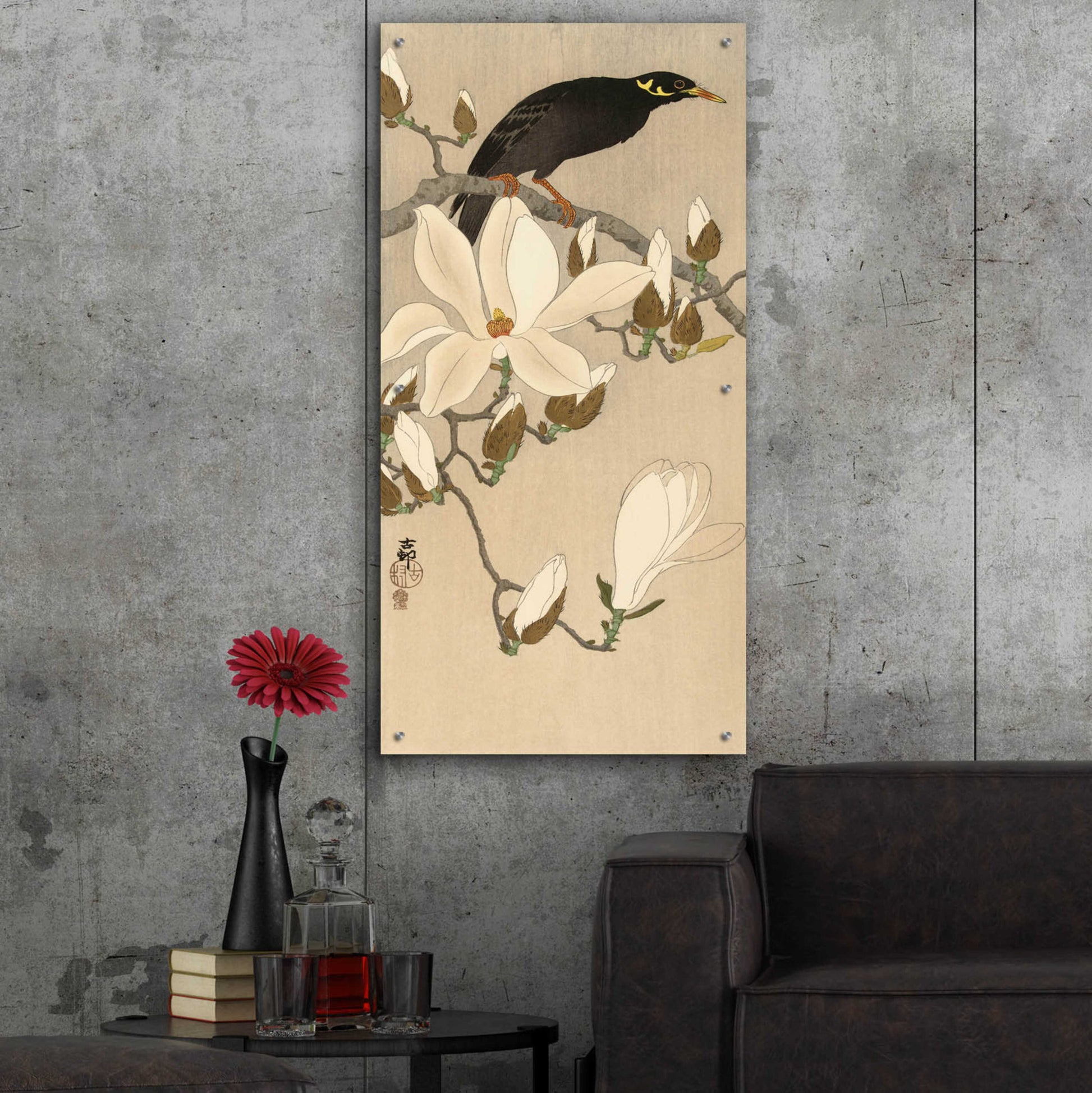 Epic Art 'Myna on Magnolia Branch 1900-1910' by Ohara Koson, Acrylic Glass Wall Art,24x48