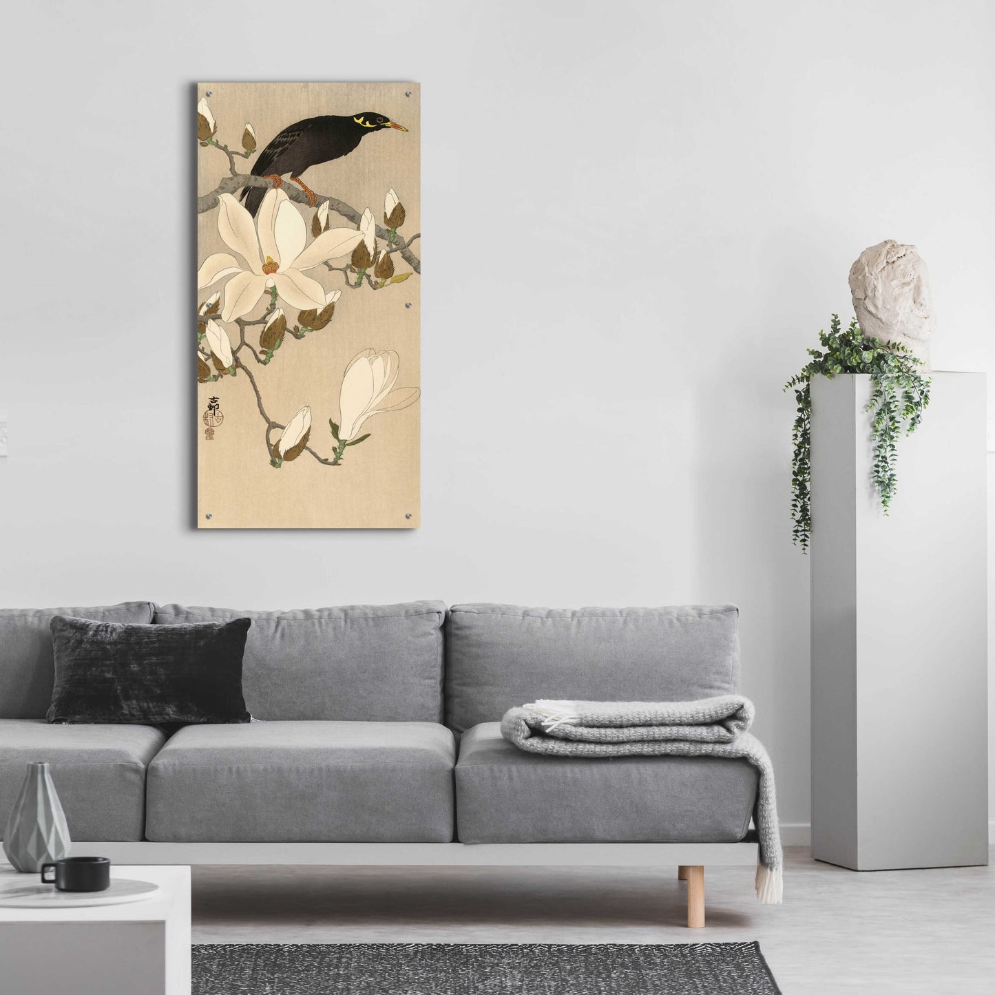 Epic Art 'Myna on Magnolia Branch 1900-1910' by Ohara Koson, Acrylic Glass Wall Art,24x48